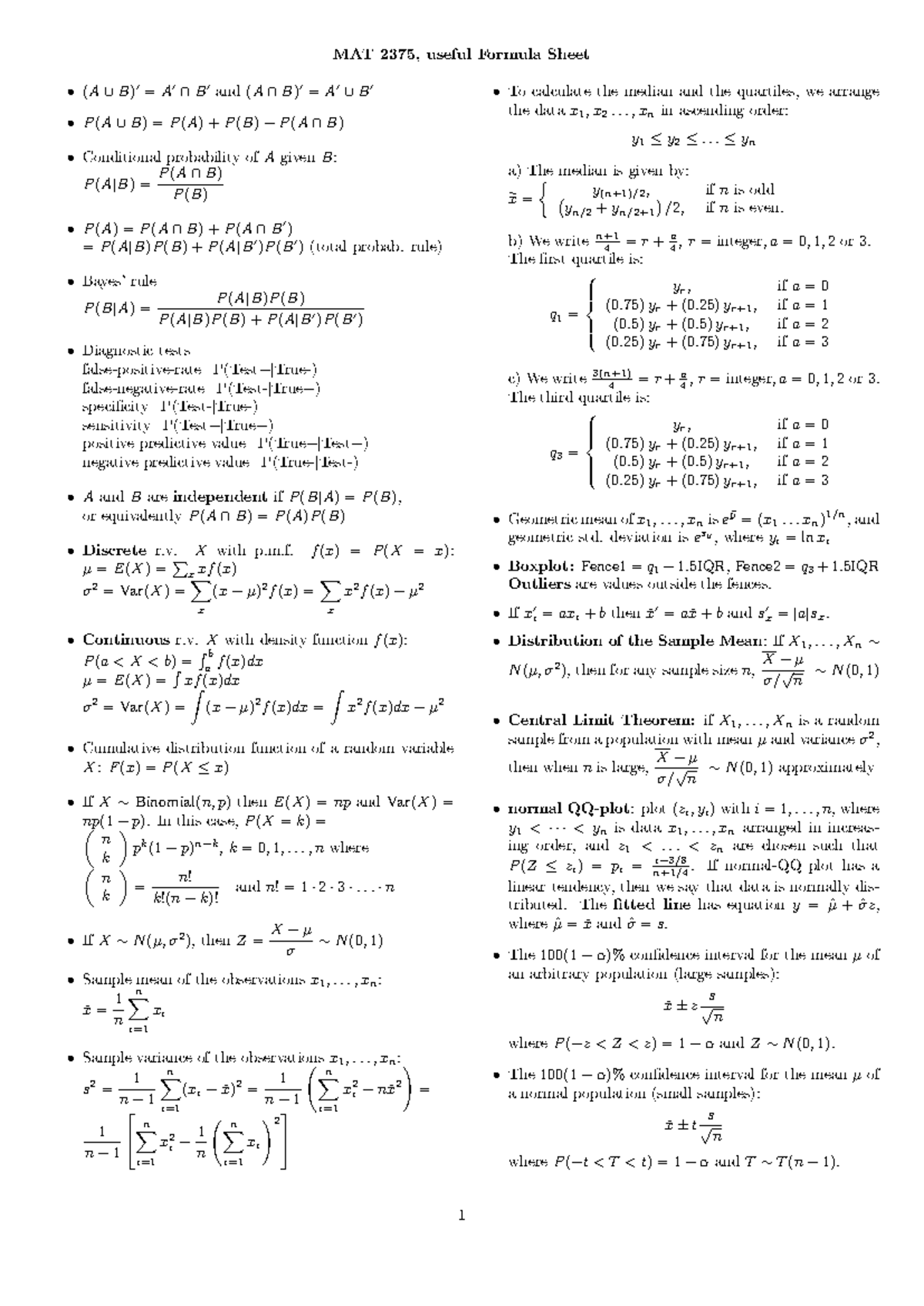 2375-formula-sheet - MAT 2375, useful Formula Sheet (A ∪ B)′ = A′ ∩ B ...