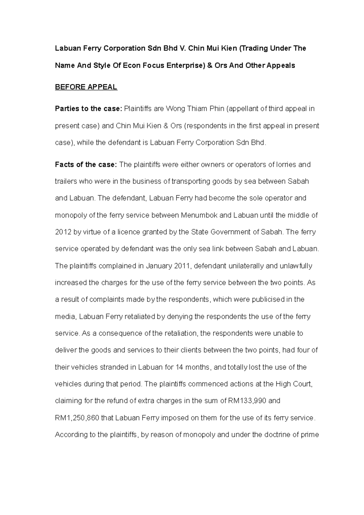 Labuan Ferry Sec3 Labuan Ferry Corporation Sdn Bhd V Chin Mui Kien Trading Under The Name And Studocu