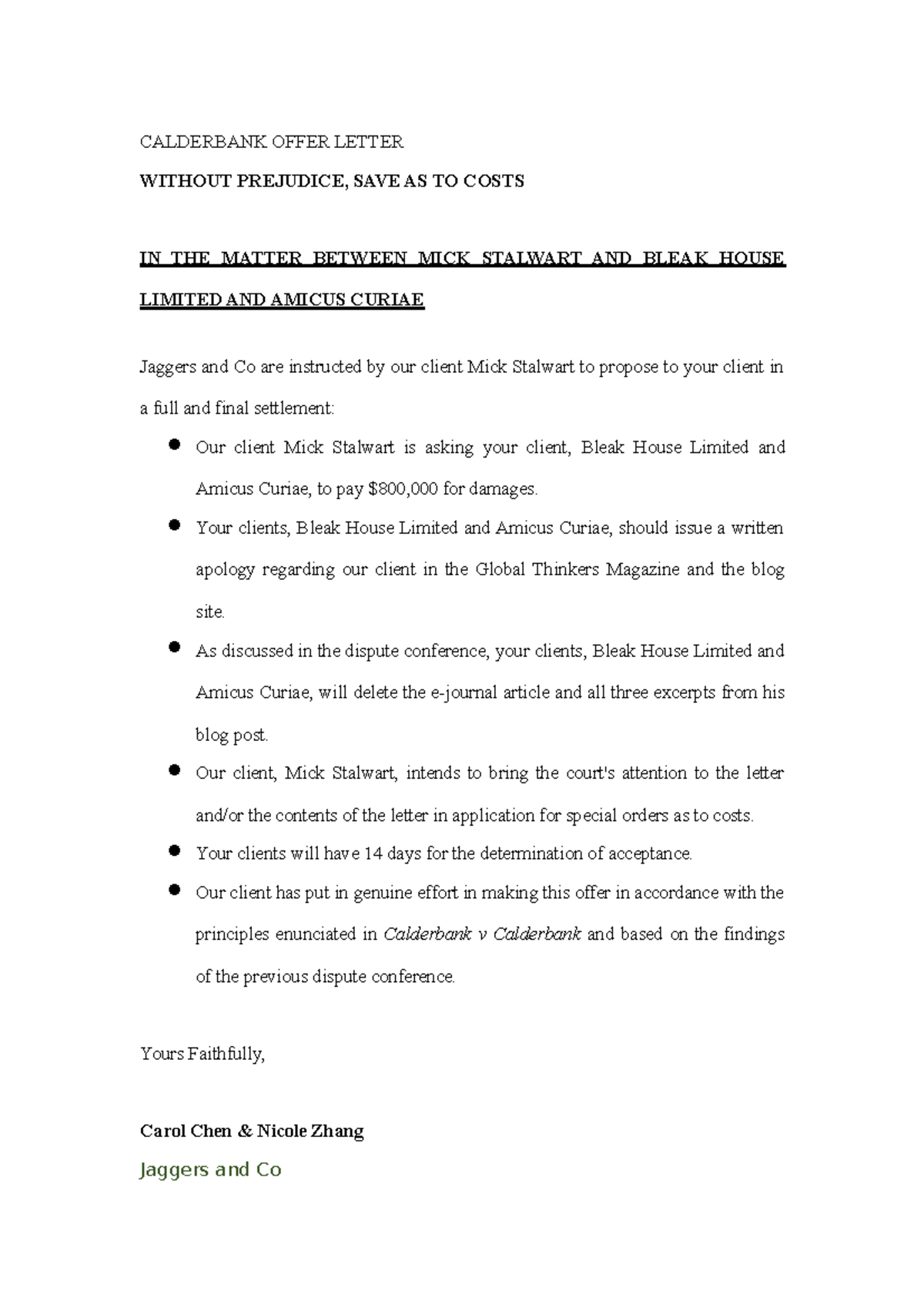 Calderbank letter Final CALDERBANK OFFER LETTER WITHOUT PREJUDICE