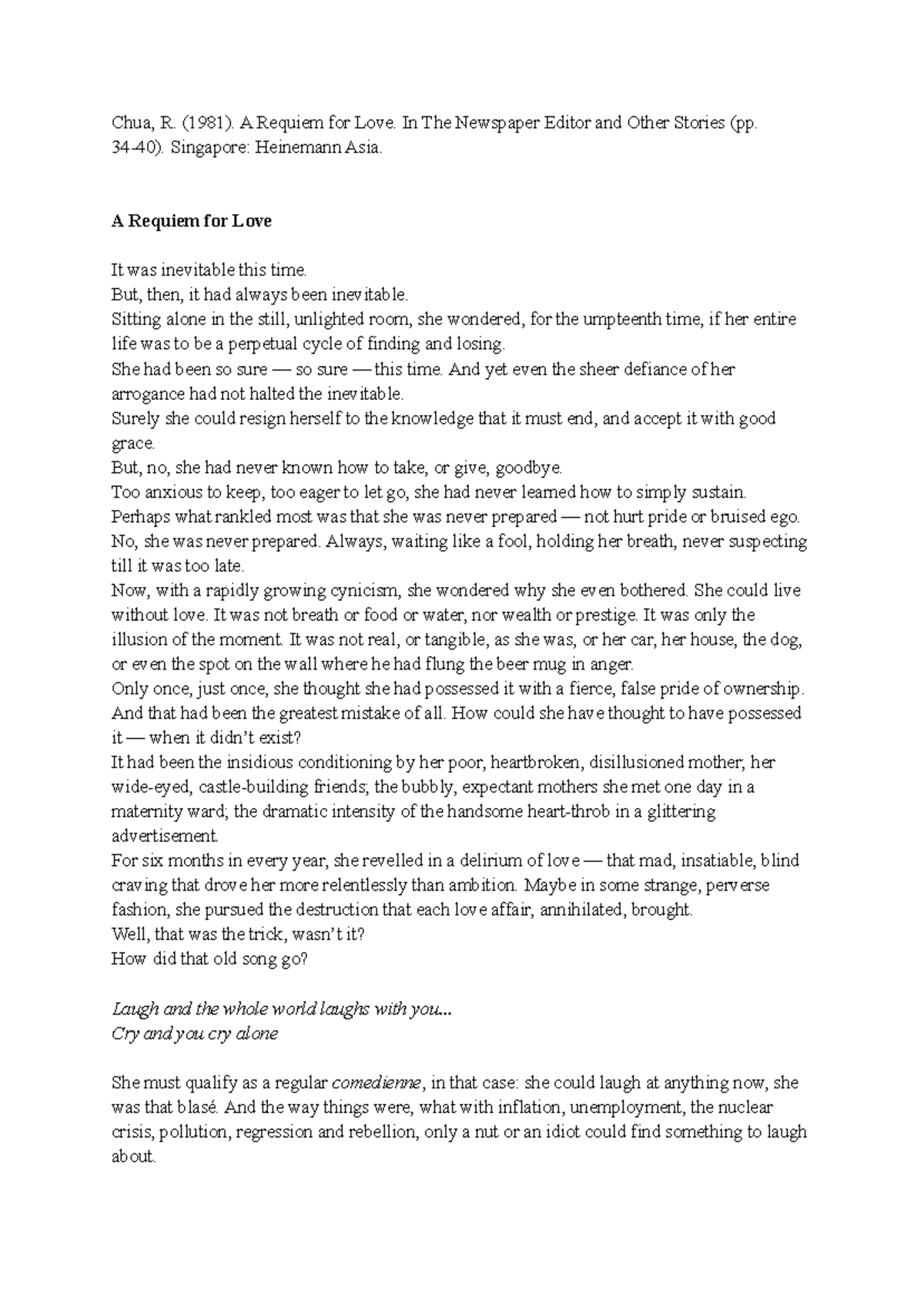 A Requiem for Love Rebecca Chua - Chua, R. (1981). A Requiem for Love ...