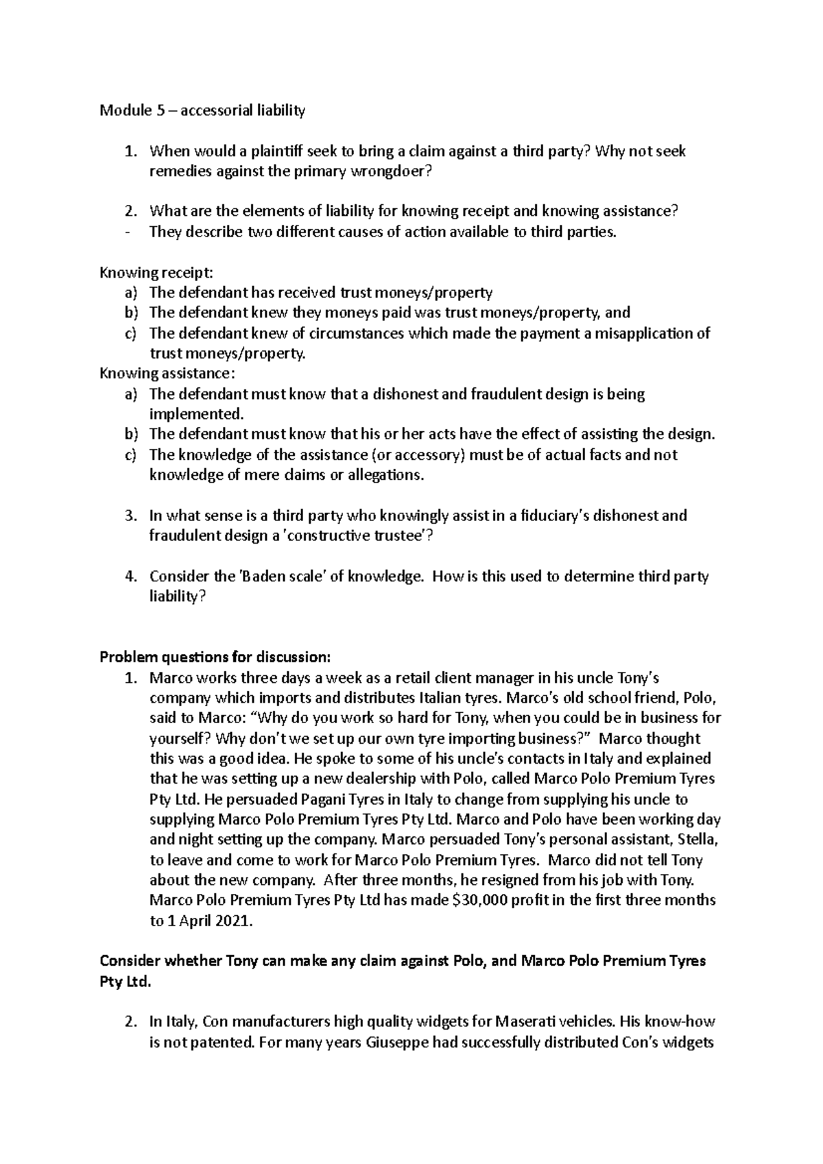 Tutorial 8 - accessorial liability - Module 5 – accessorial liability ...