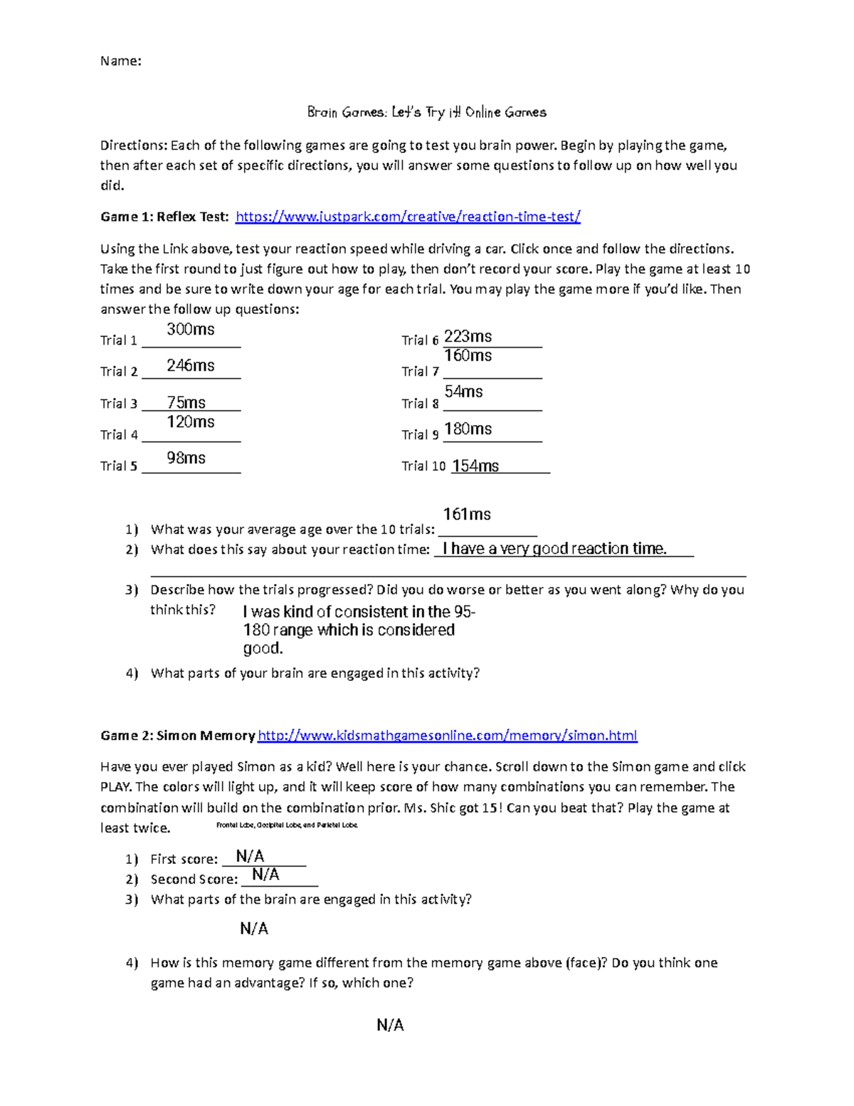 Copy of Online Brain Games Parts of the Brain - Name: Brain Games: Let ...