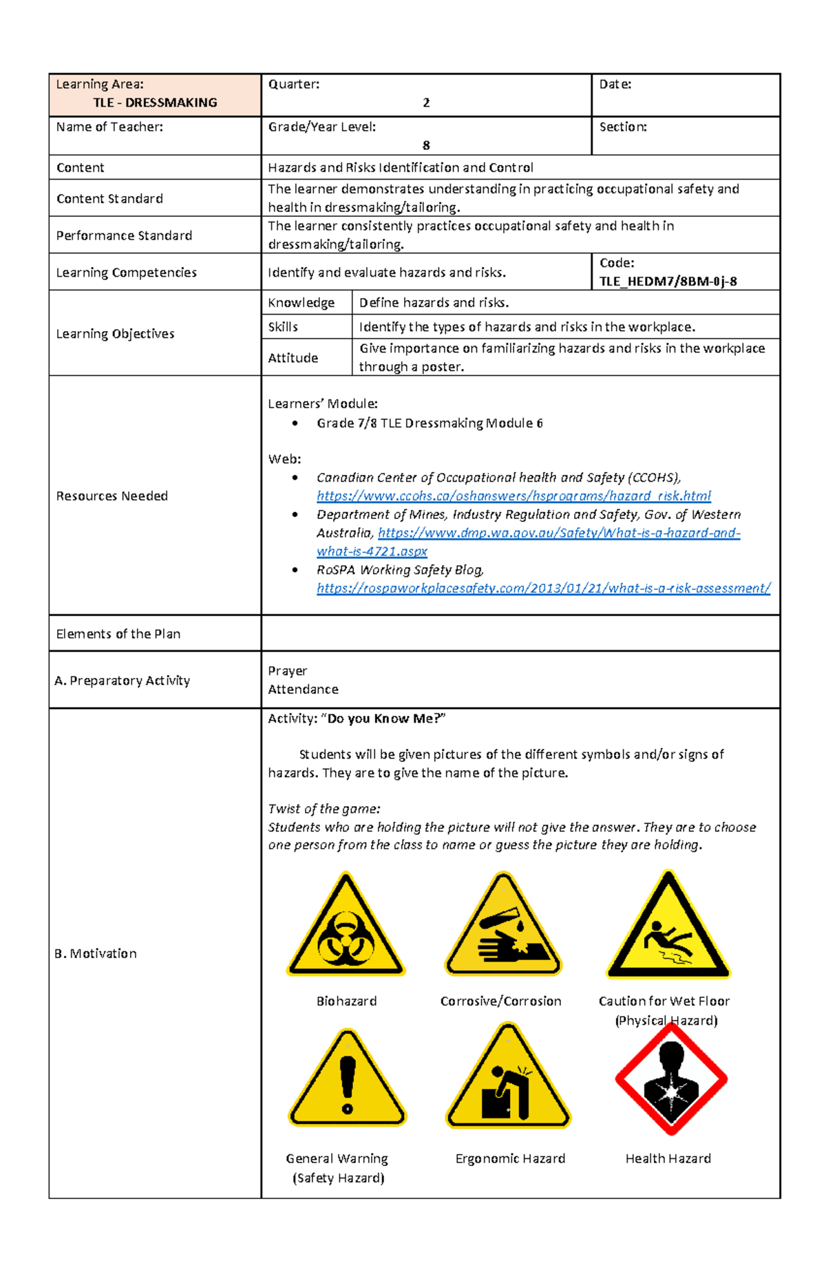 Hazards and Risks DLP Grade 8 TLE - Learning Area: TLE - DRESSMAKING ...