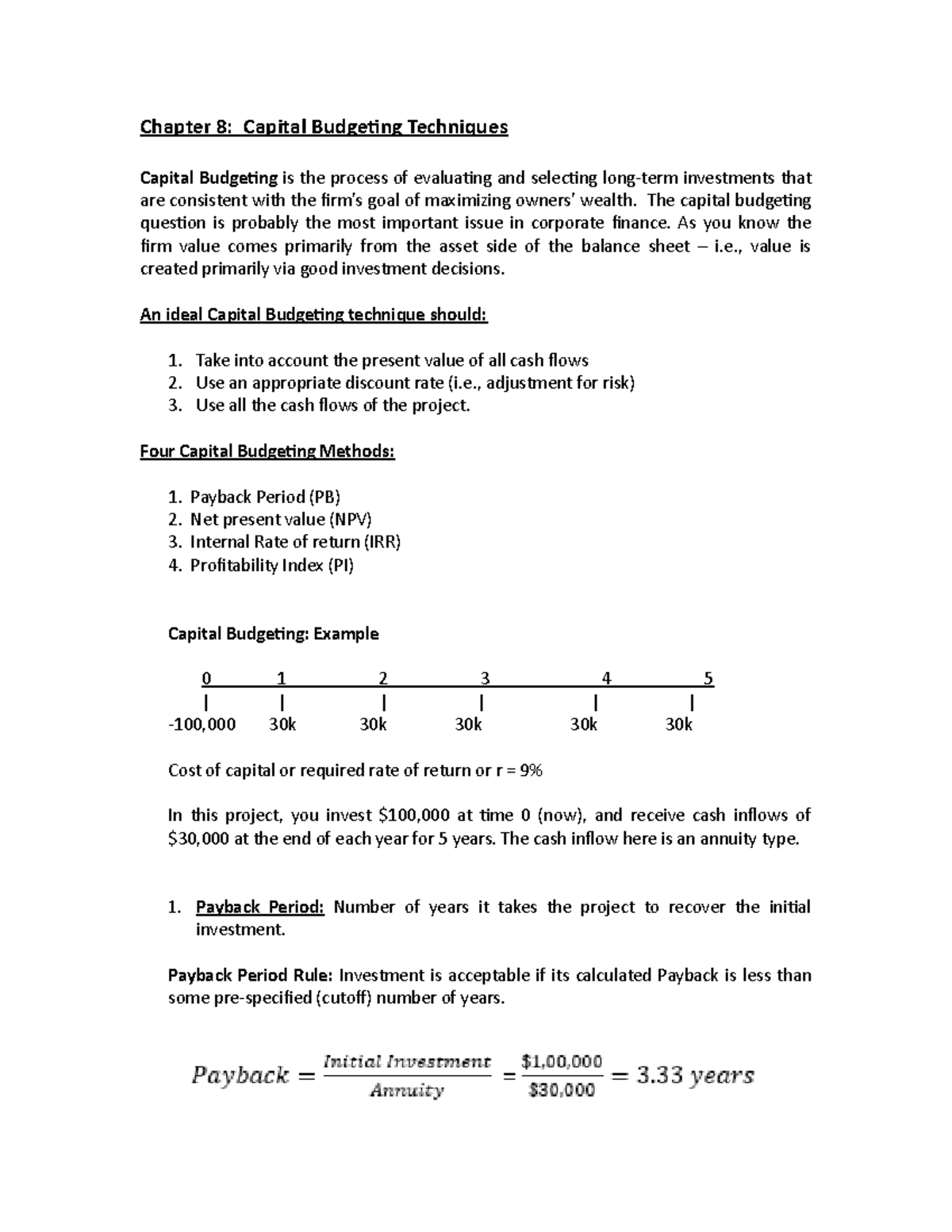 Chapter 8 Cap Budgeting Notes - Chapter 8: Capital Budgeting Techniques ...
