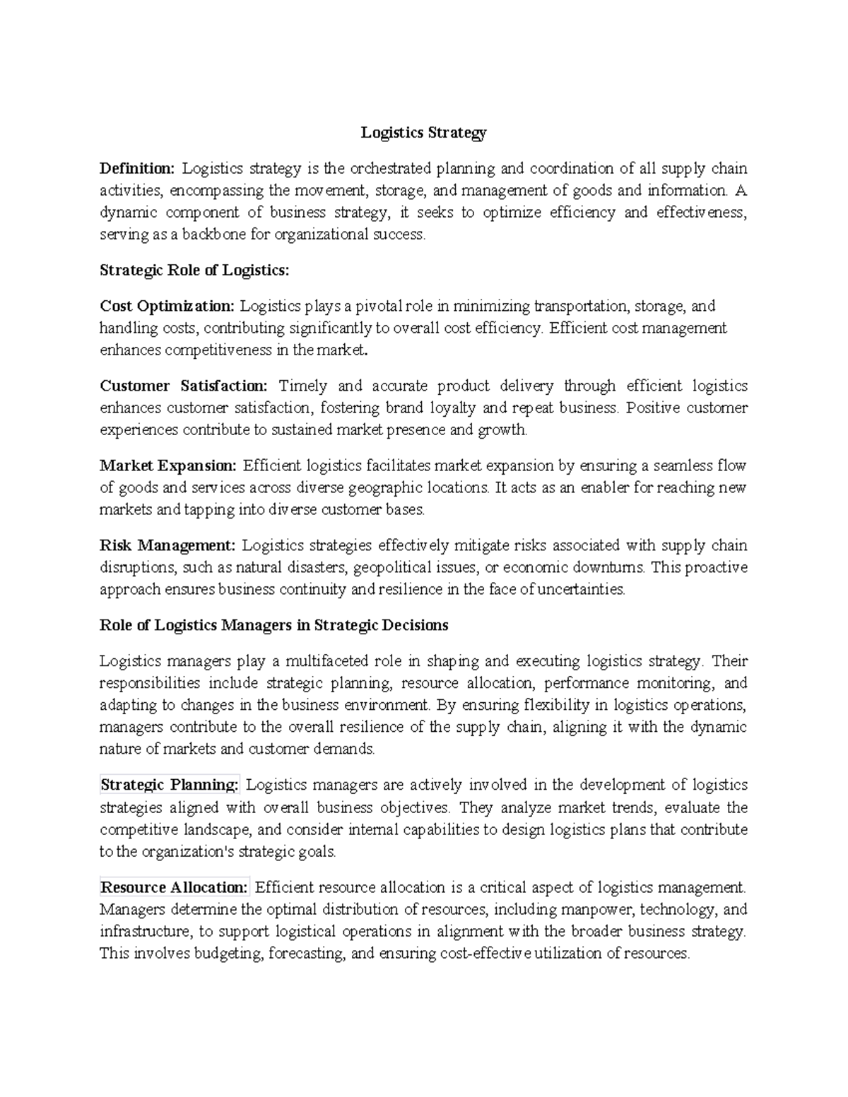 Logistics Strategy - A dynamic component of business strategy, it seeks ...