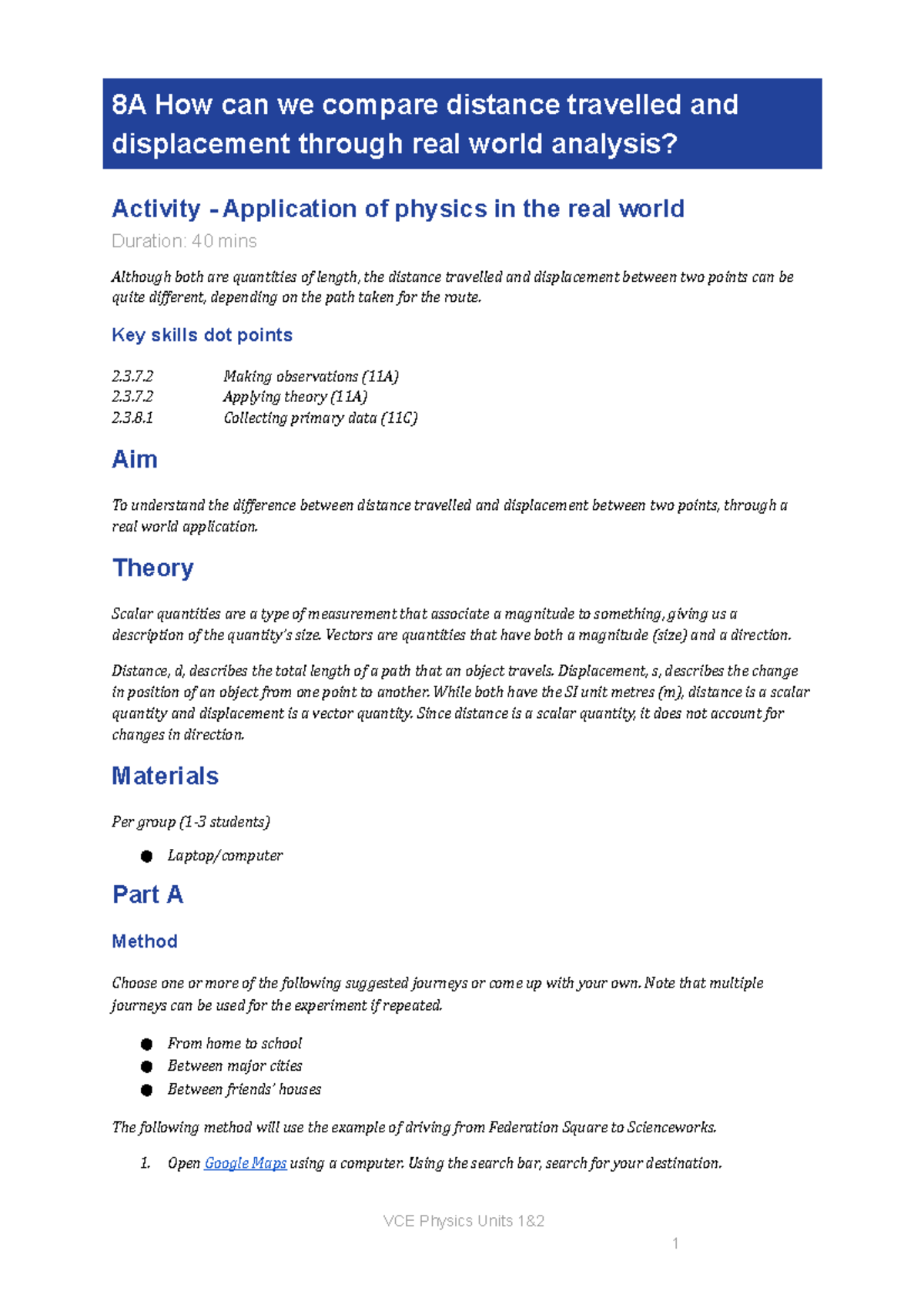 8A Activity Word doc - 8A How can we compare distance travelled and ...