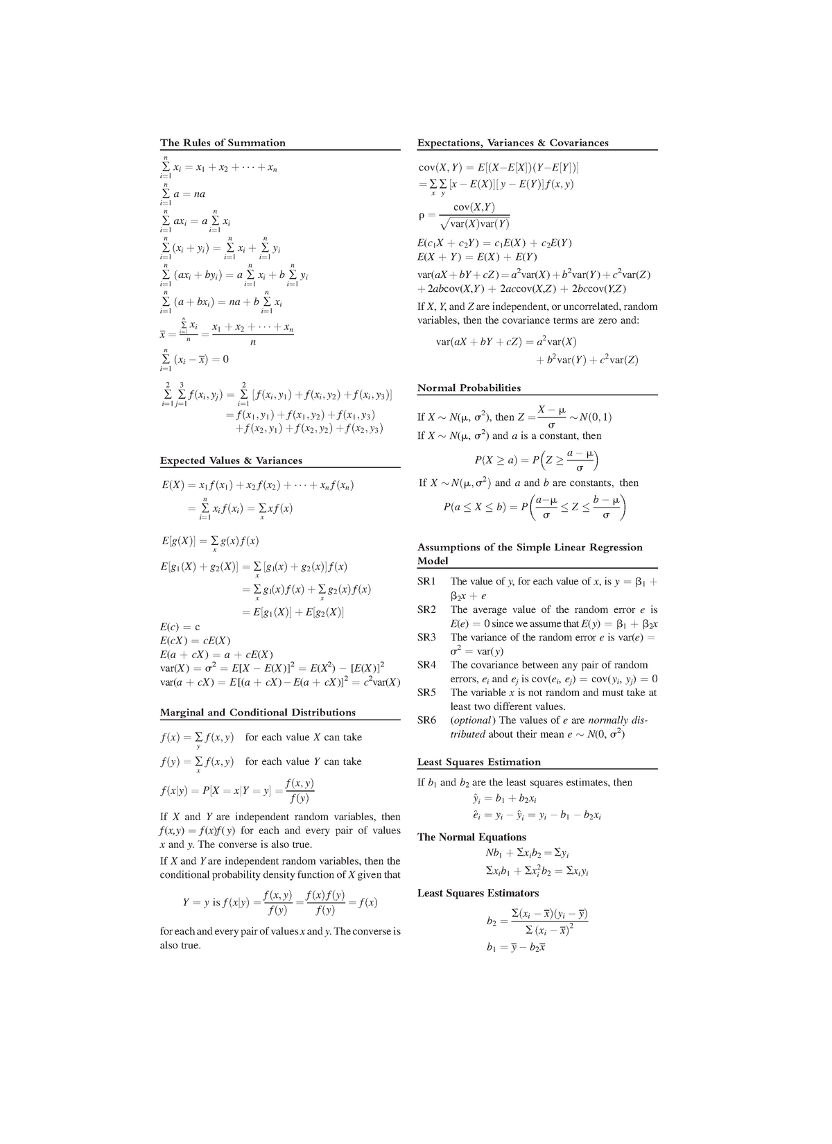 Econometrics Cheat Sheet All The Formulas You Need The Rules Of Summation å N I¼ 1 Xi¼x 1 þx 3420