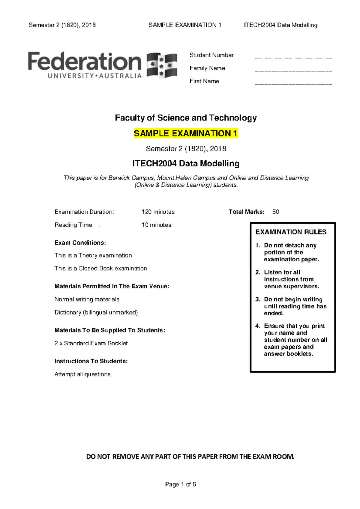 1820 - ITECH2004 - Data Modelling - exam - sample 1 - Faculty of ...