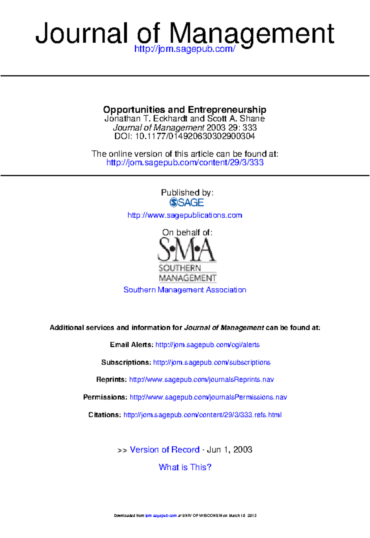 Opportunities And Entrepreneurship Hc 1 Journal Of Management Jom Sagepub Opportunities And Studeersnel