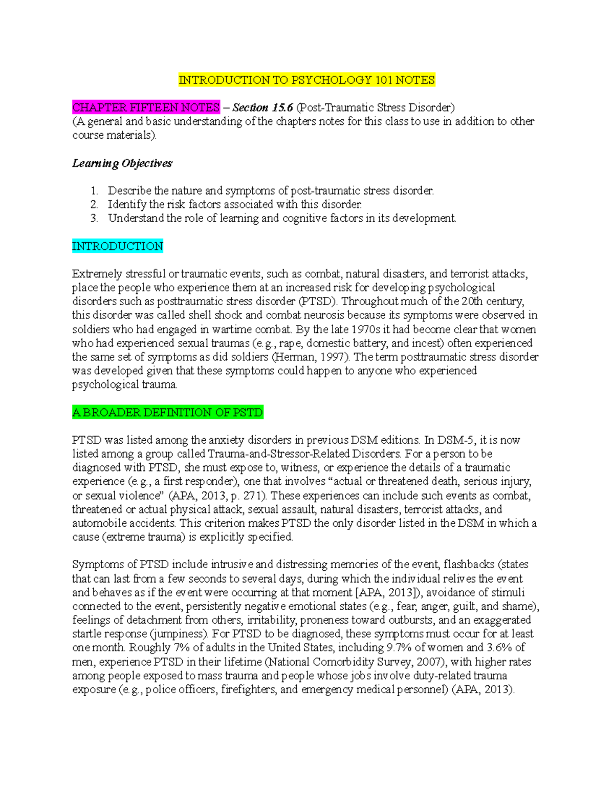 Introduction TO Psychology 101 Notes Chapter Fifteen Part Six ...
