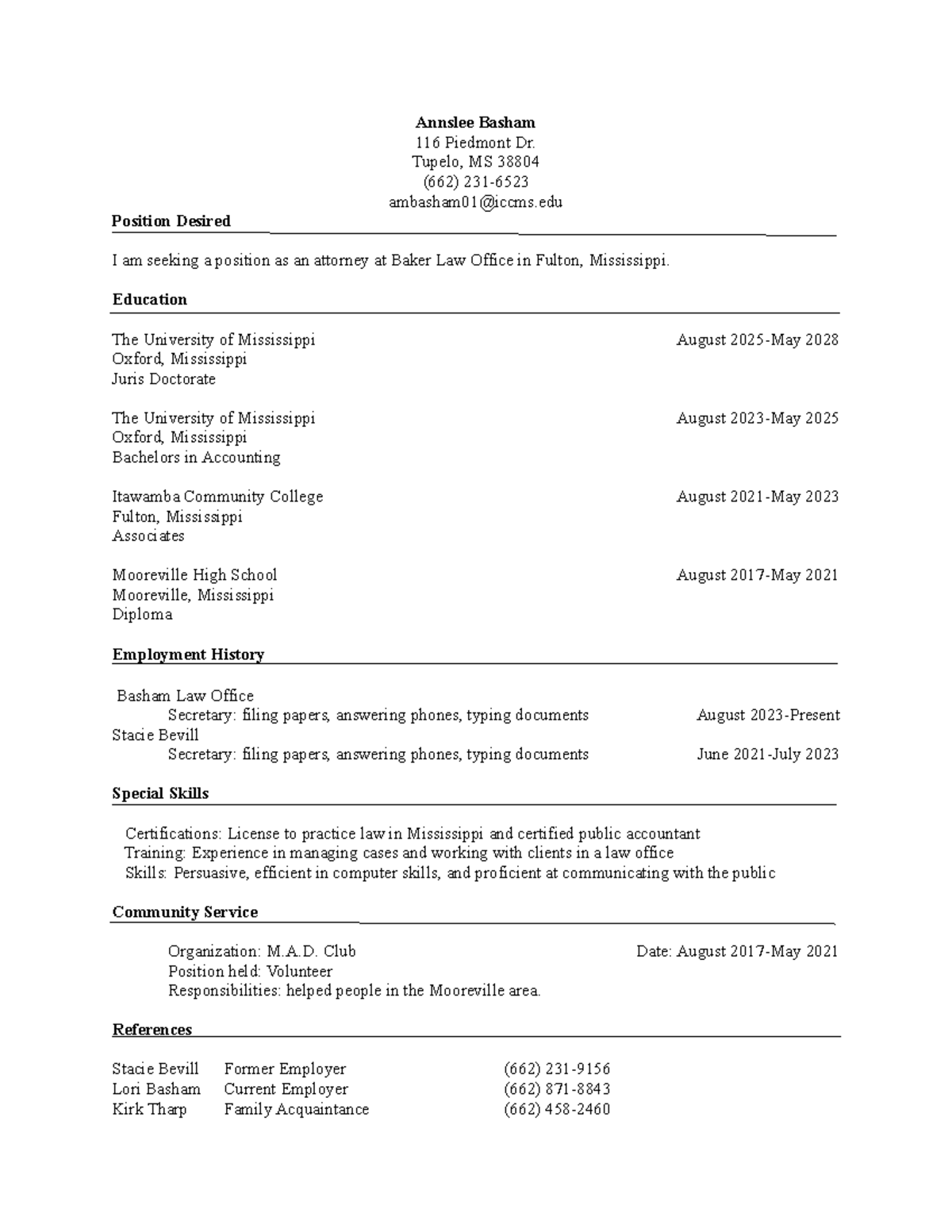 Module 3- Resume - Annslee Basham 116 Piedmont Dr. Tupelo, MS 38804 ...