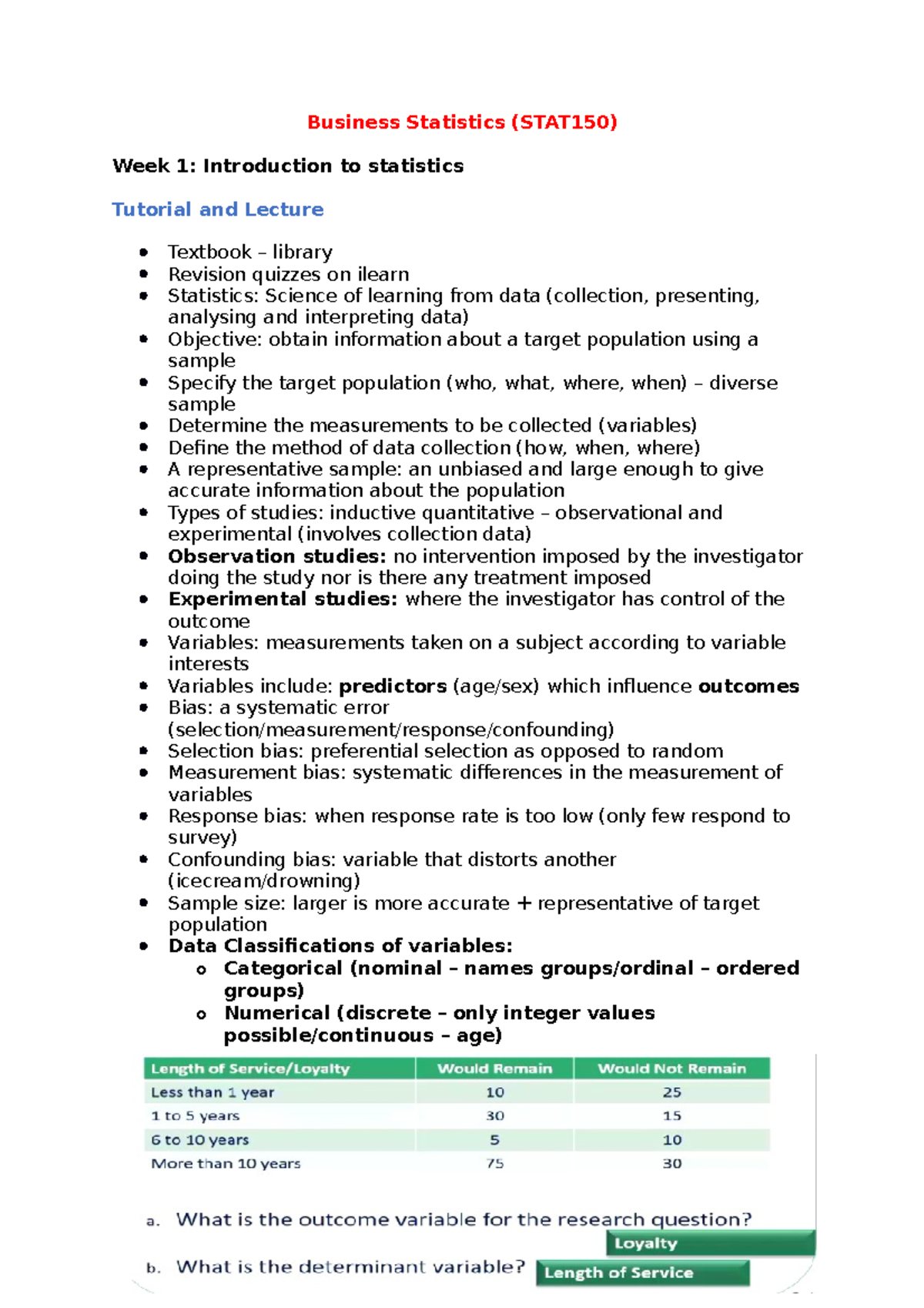 Notes - Business Statistics - Business Statistics (STAT150) Week 1 ...