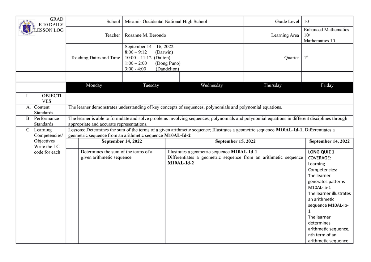 Week4Reg Stemsep 14-16 - GRAD E 10 DAILY LESSON LOG School Misamis ...
