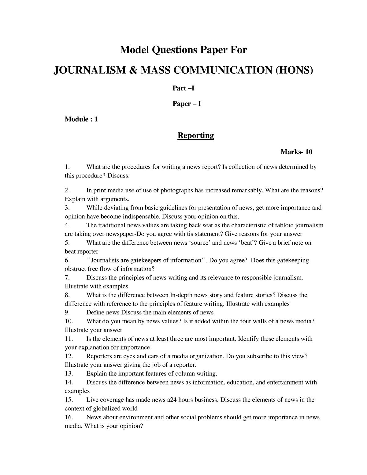 Journalism - Model Questions Paper For JOURNALISM & MASS COMMUNICATION ...