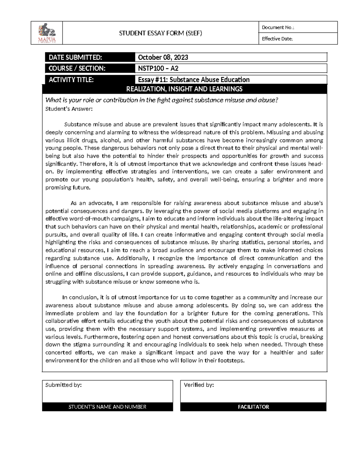 NSTP100 Essay 11 - STUDENT ESSAY FORM (StEF) Document No.: Effective ...