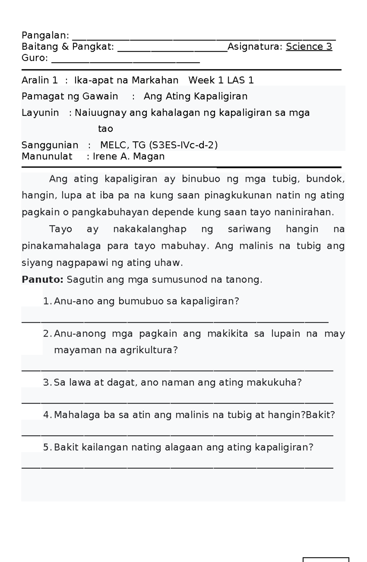 Q4 Science 3 Week1 LAS1 - ACTIVITY SHEETS - Pangalan: - Studocu