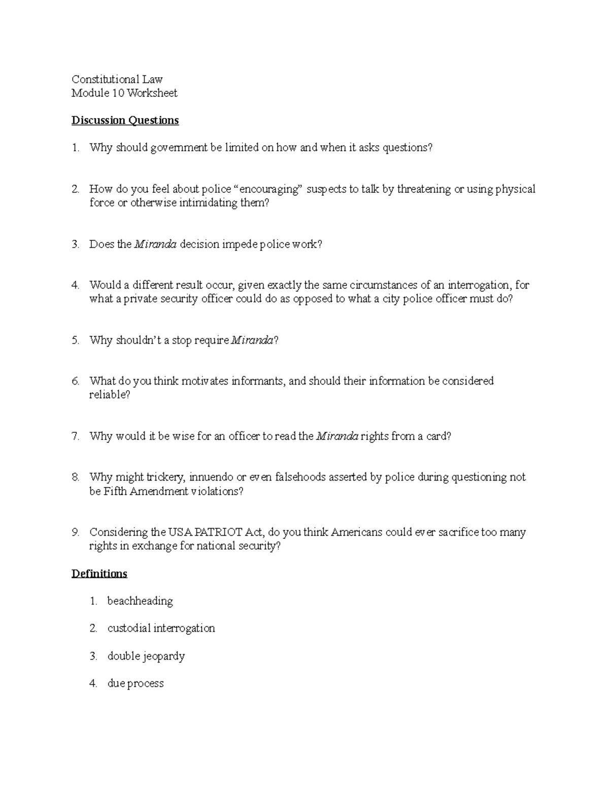 Module 10 Worksheet - Constitutional Law Module 10 Worksheet Discussion ...