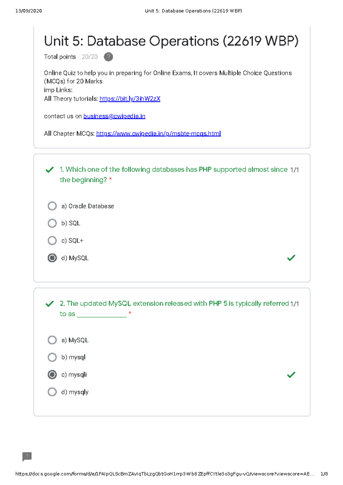Unit 5 Database Operations (22619 WBP) - 1/ a) Oracle Database b) SQL c ...