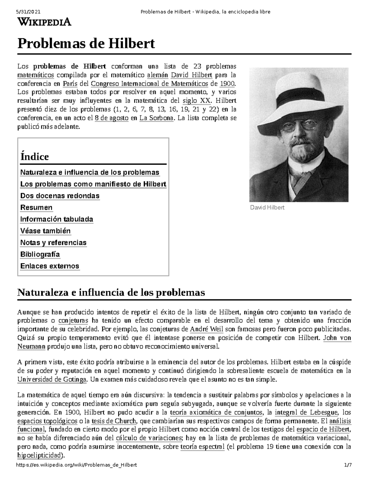 Problemas de Hilbert Wikipedia, la enciclopedia libre David Hilbert