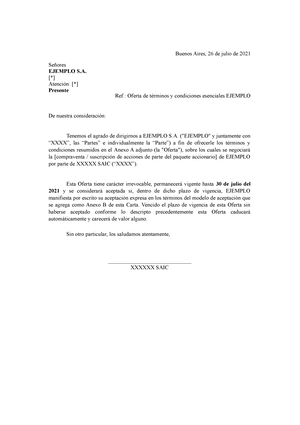 Modelo carta intención - Buenos Aires, 26 de julio de 2021 Señores EJEMPLO  S. [] Atención: [] - Studocu