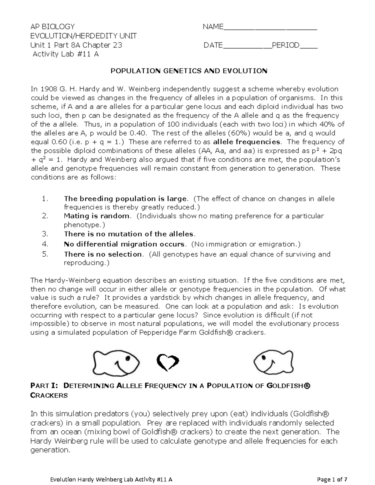 Activity 11 a hardy weinberg goldfish activity - AP BIOLOGY NAME ...