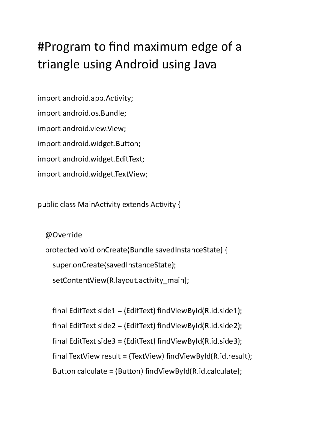 Maximum edge of a triangle - Android using Java - #Program to find ...