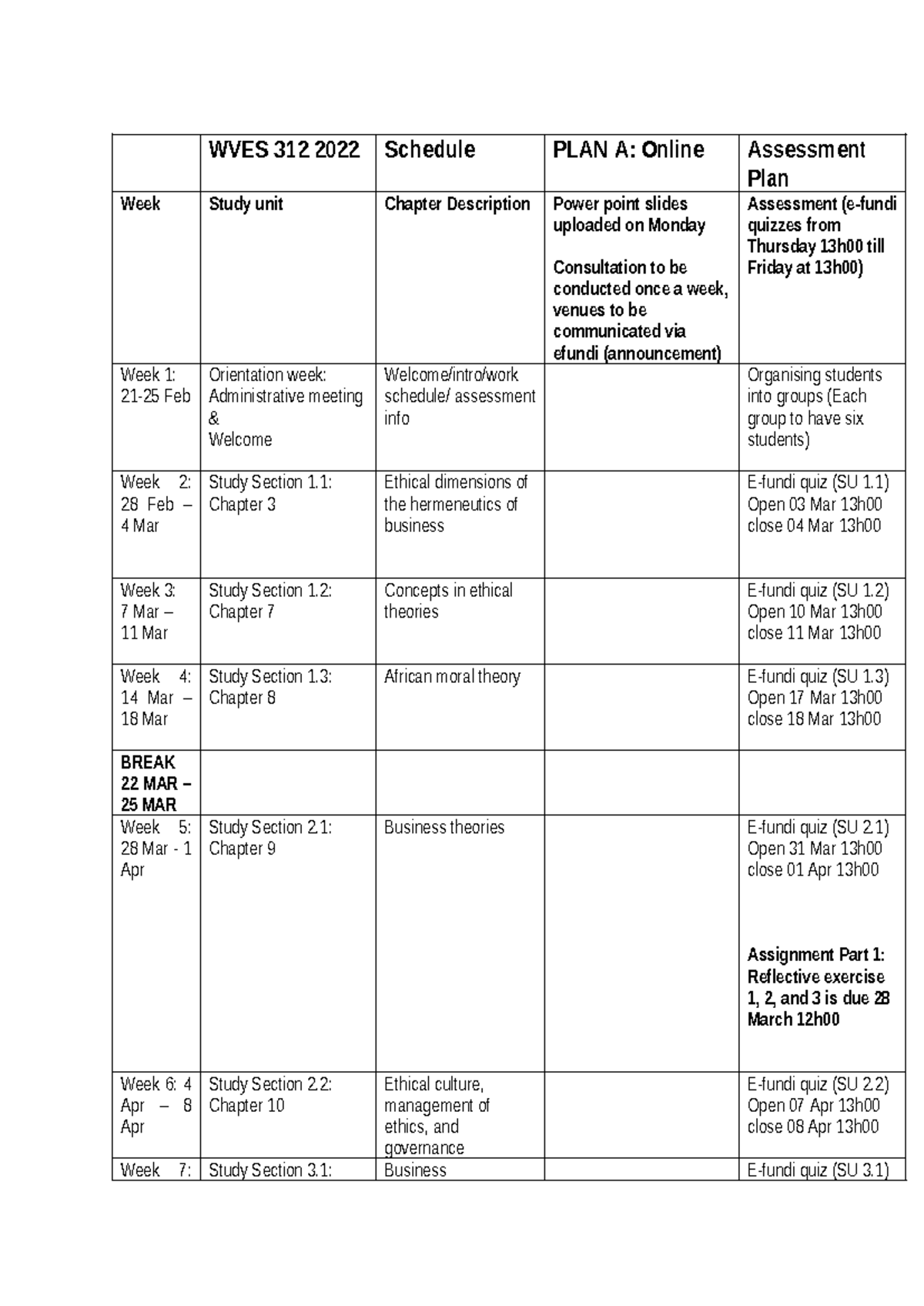 WVES 312 2022 Schedule and Assessment Plan Updated - WVES 312 2022 ...