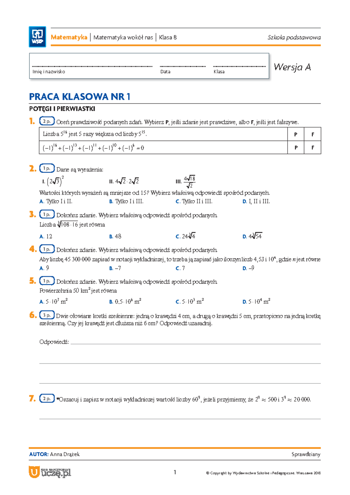 Potegi I Pierwiastki Sprawdzian Technikum Kl 1 www.studocu.com