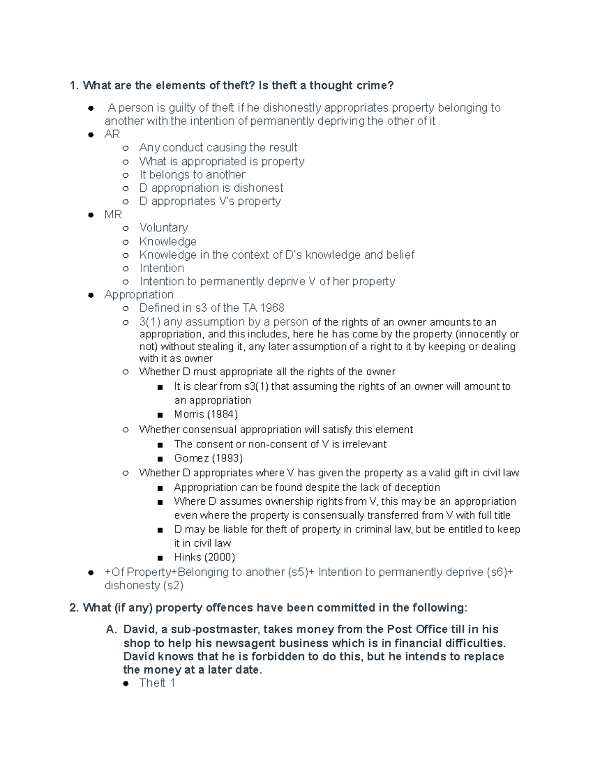 CRIM LAW Seminar 5 What are the elements of theft? Is theft a thought