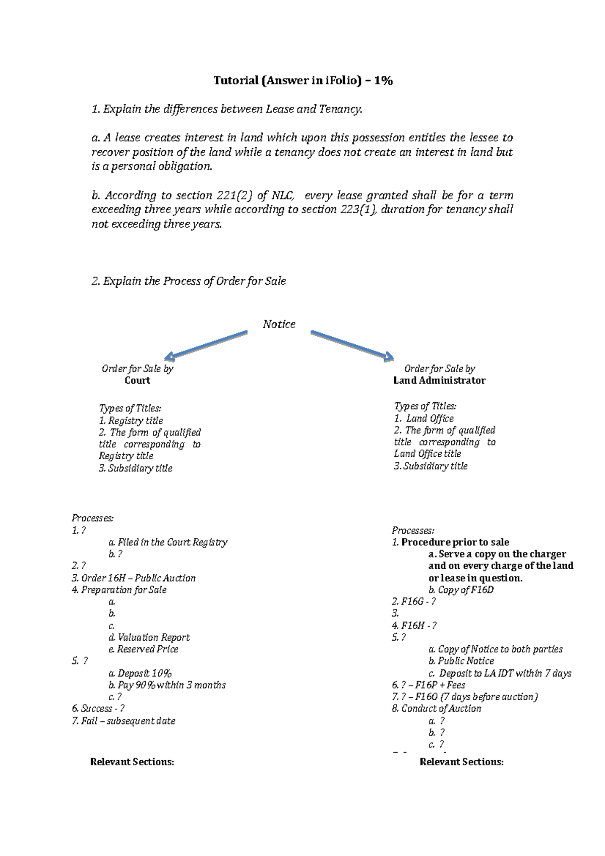 Land Tutorial - Land Law - Tutorial (Answer In IFolio) – 1% 1. Explain ...