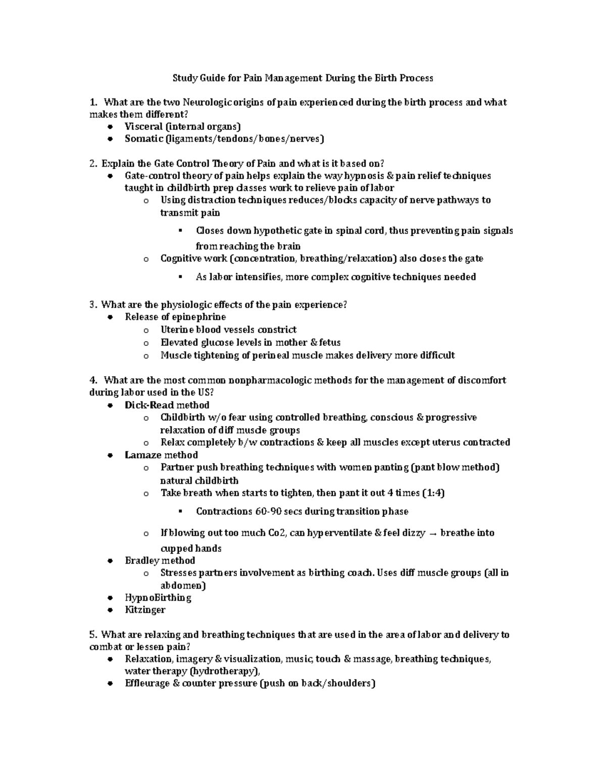 Study Guide for Pain Management During the Birth Process - Uses diff ...