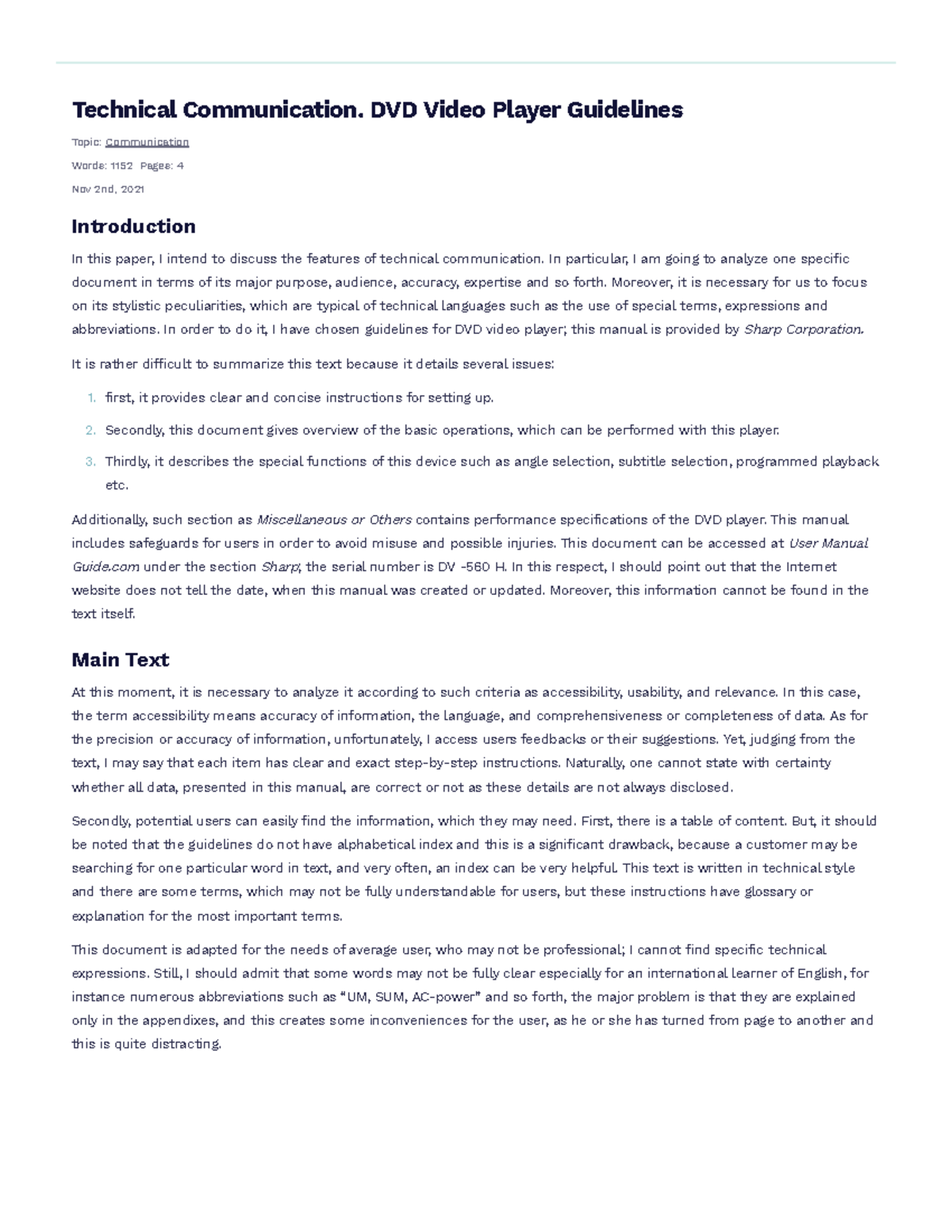 Technical Communication. DVD Video Player Guidelines Free Essay Example ...