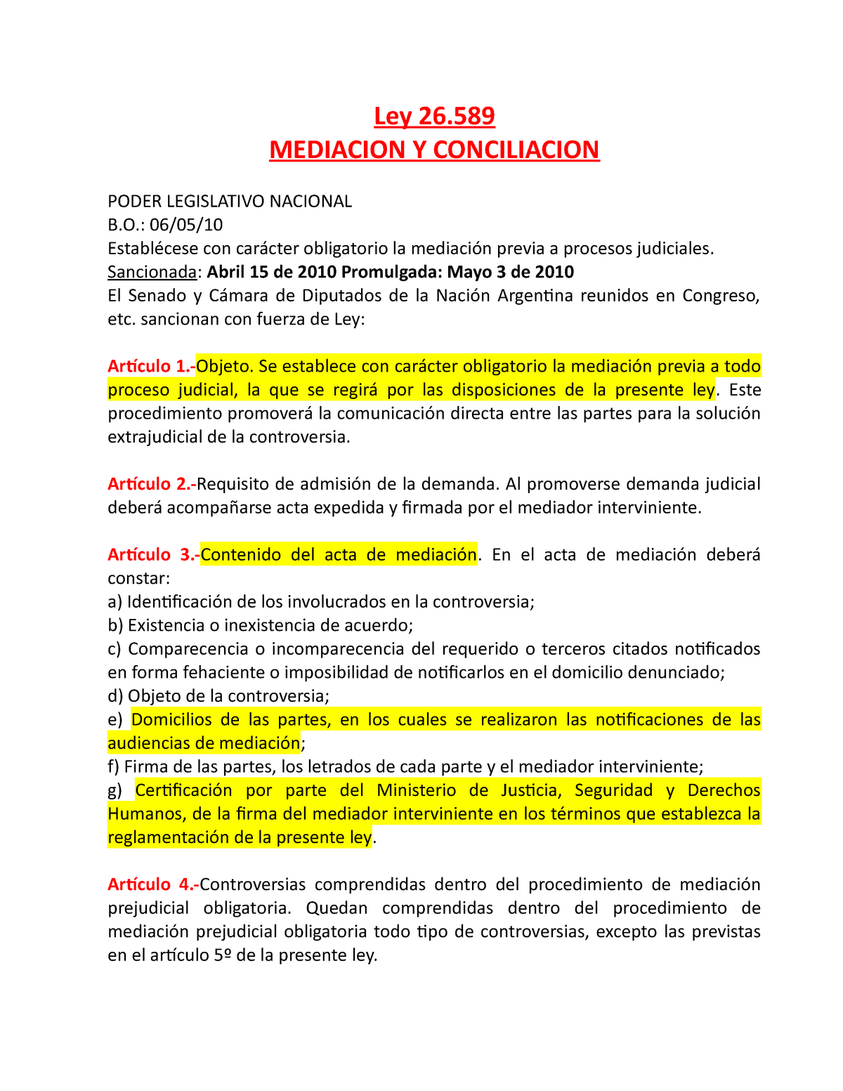 001 Mediación Ley 26589 Nueva Ley Med Ley 26 Mediacion Y