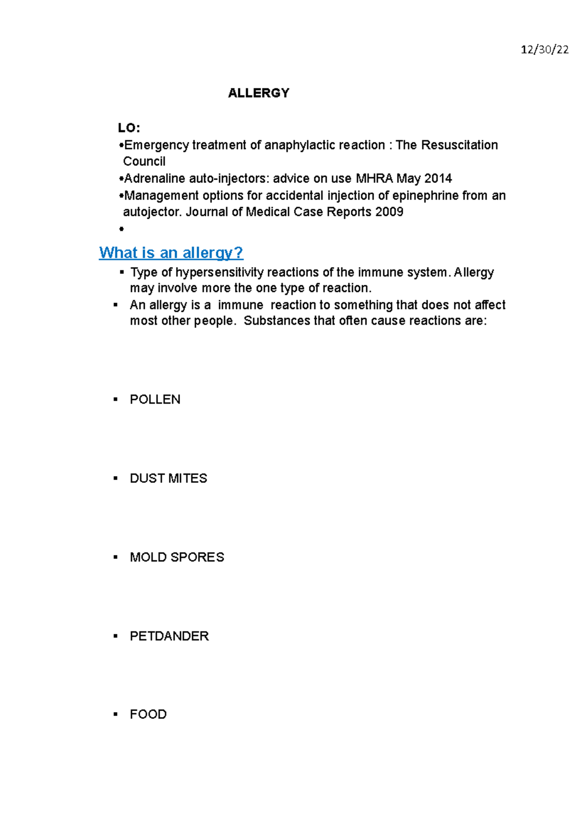 Anaphylaxis Notes - 12/30/ ALLERGY LO: Emergency treatment of ...
