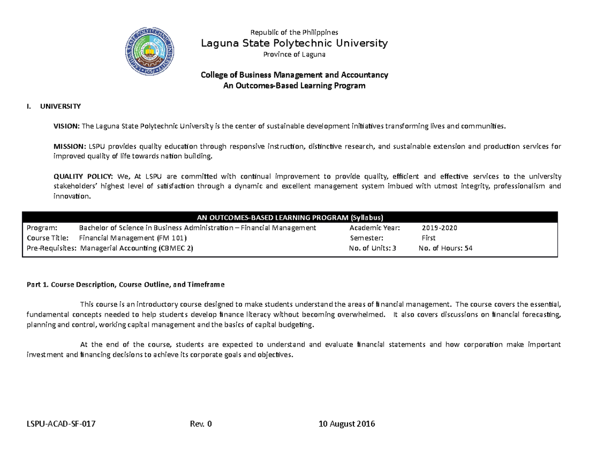 2020 Syllabus Financial Management 1 Republic Of The Philippines 