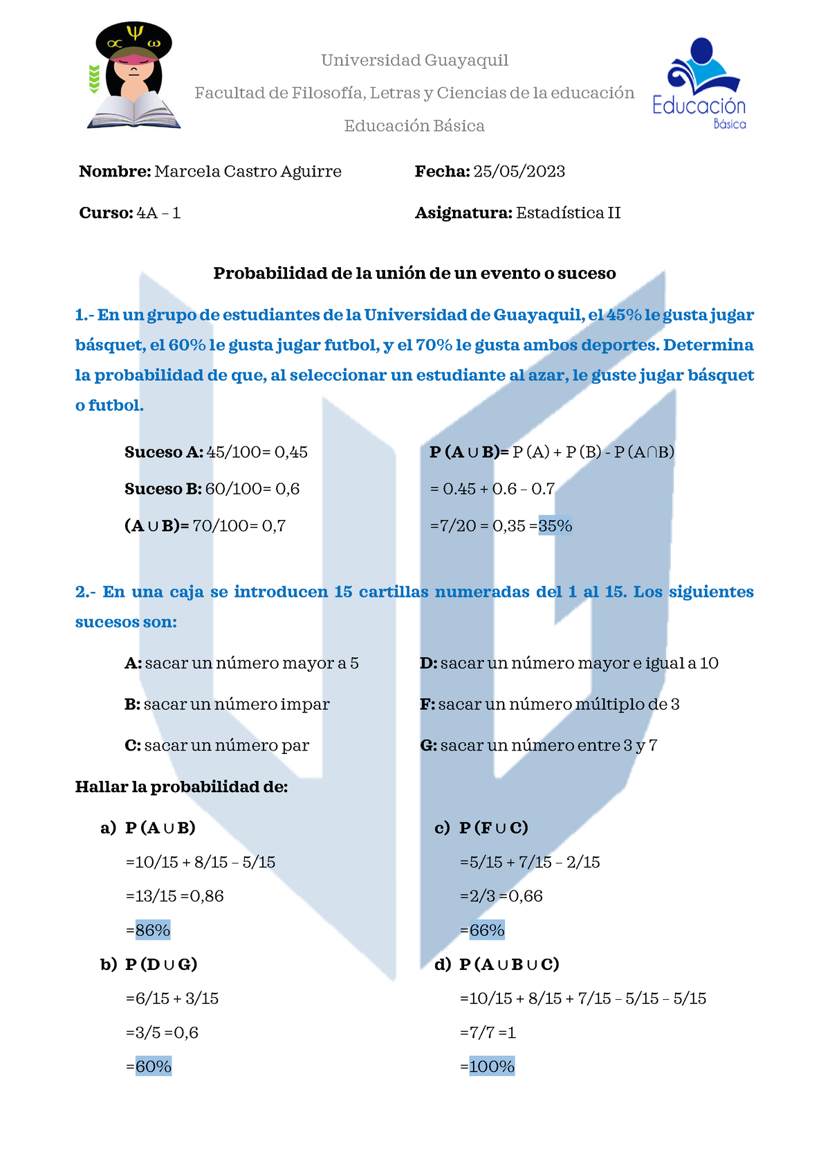 Tarea Probabilidades De Unión De Eventos O Sucesos 2 - Estadistica II ...