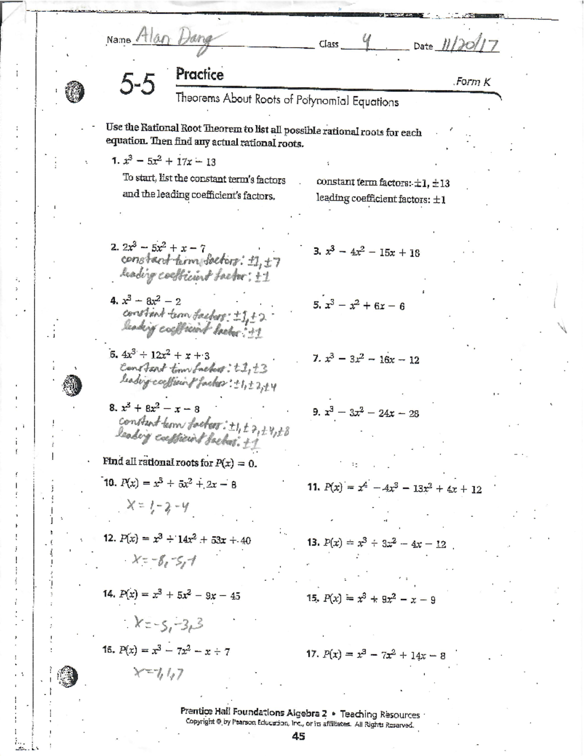 Alg 2 J - Alg 2 J - Name Alan Dang Class 4 Date Practice Form K 