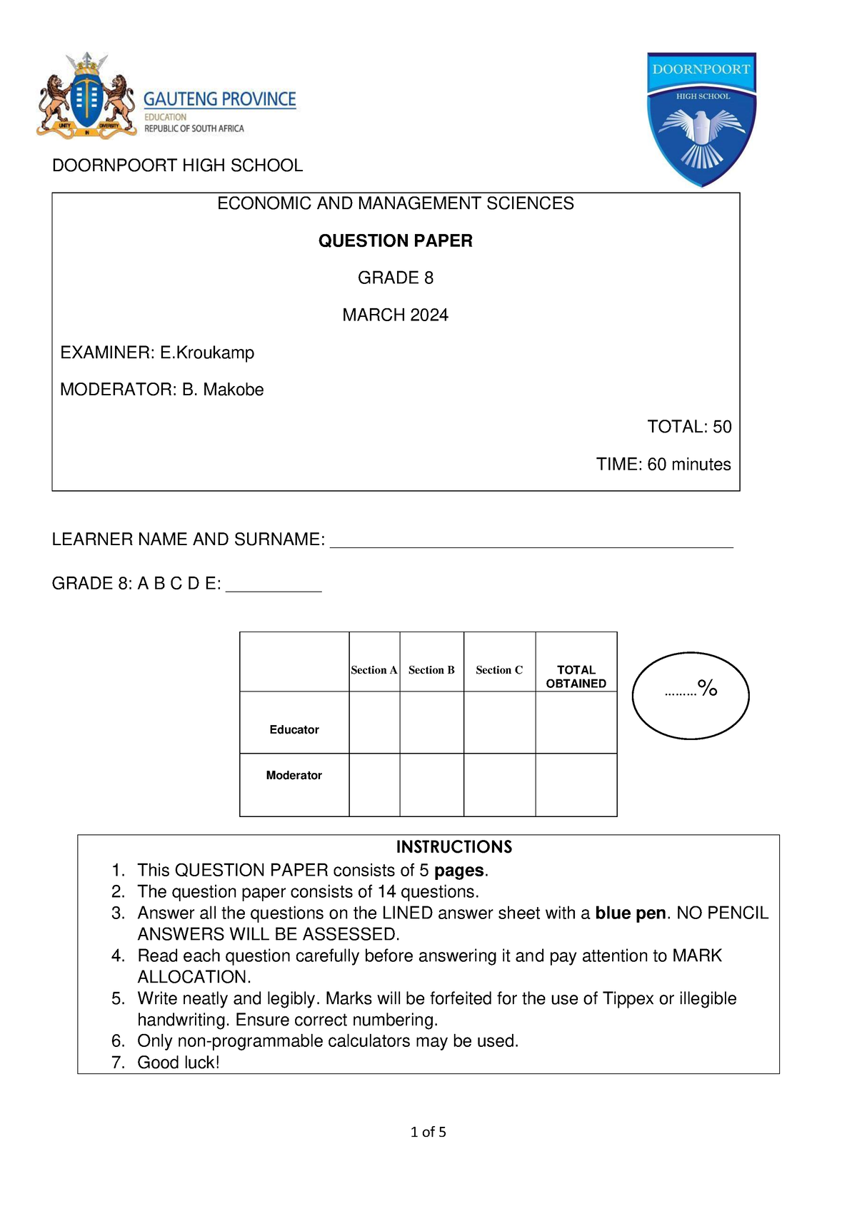 Ems Grade 8 Controlled Test Term 1 Question Paper - Doornpoort High 