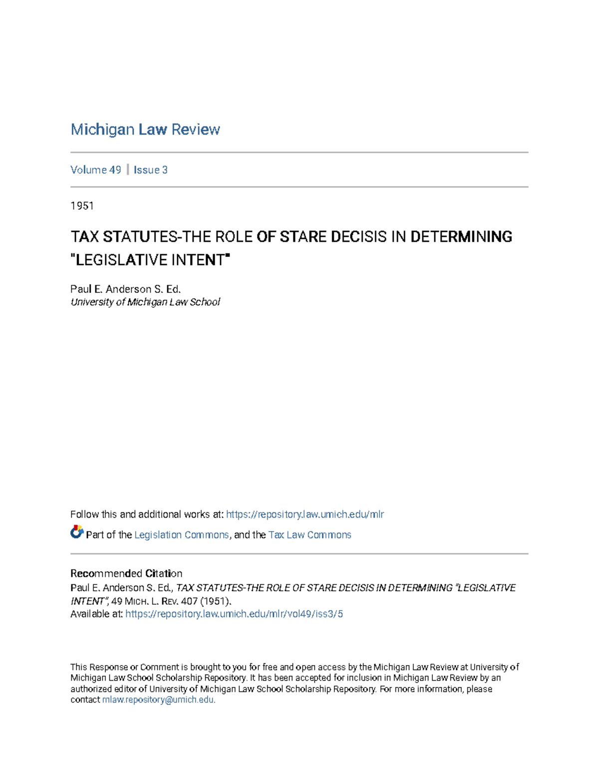 TAX Statutes-THE ROLE OF Stare Decisis IN Determining Legislativ ...