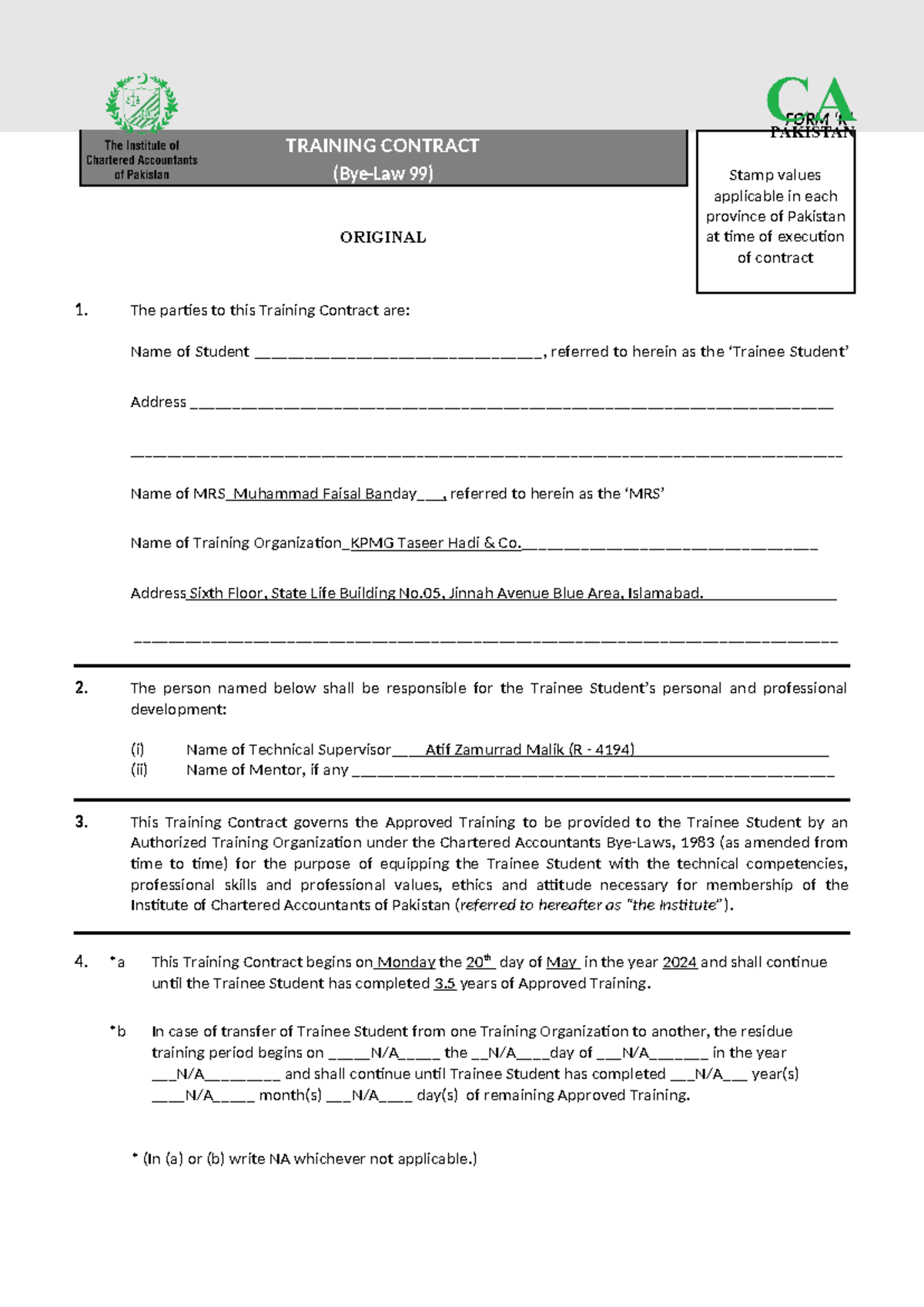 Form R - form r - FORM ‘R’ TRAINING CONTRACT (Bye-Law 99) Stamp values ...