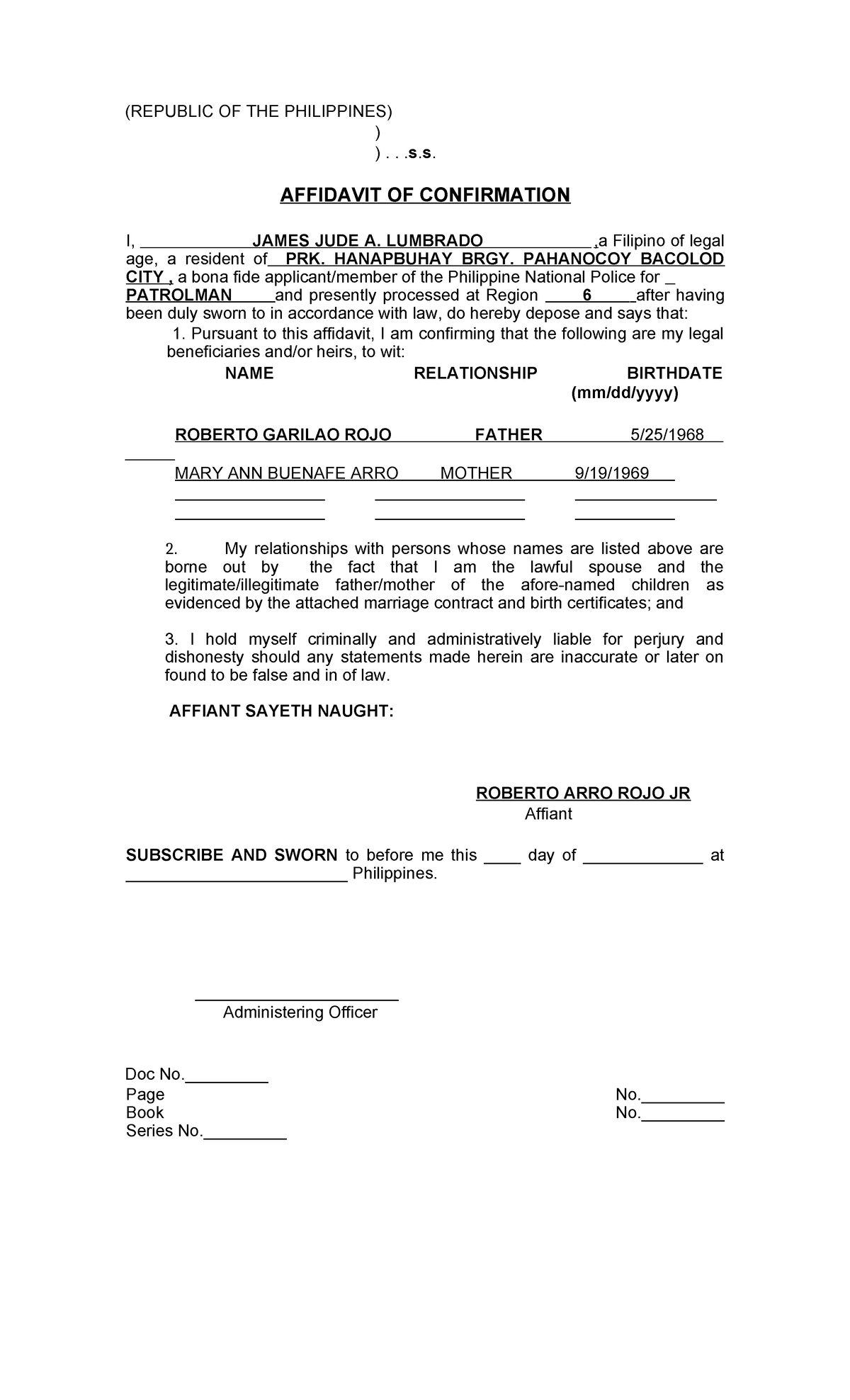 Copy of Copy of Affidavit OF Confirmation Template.docx · version 1 ...