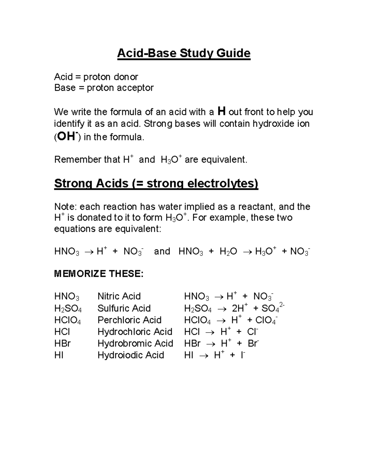 Acid And Bases Guide Acid Base Study Guide Acid Proton Donor Base Proton Acceptor We Write The Studocu