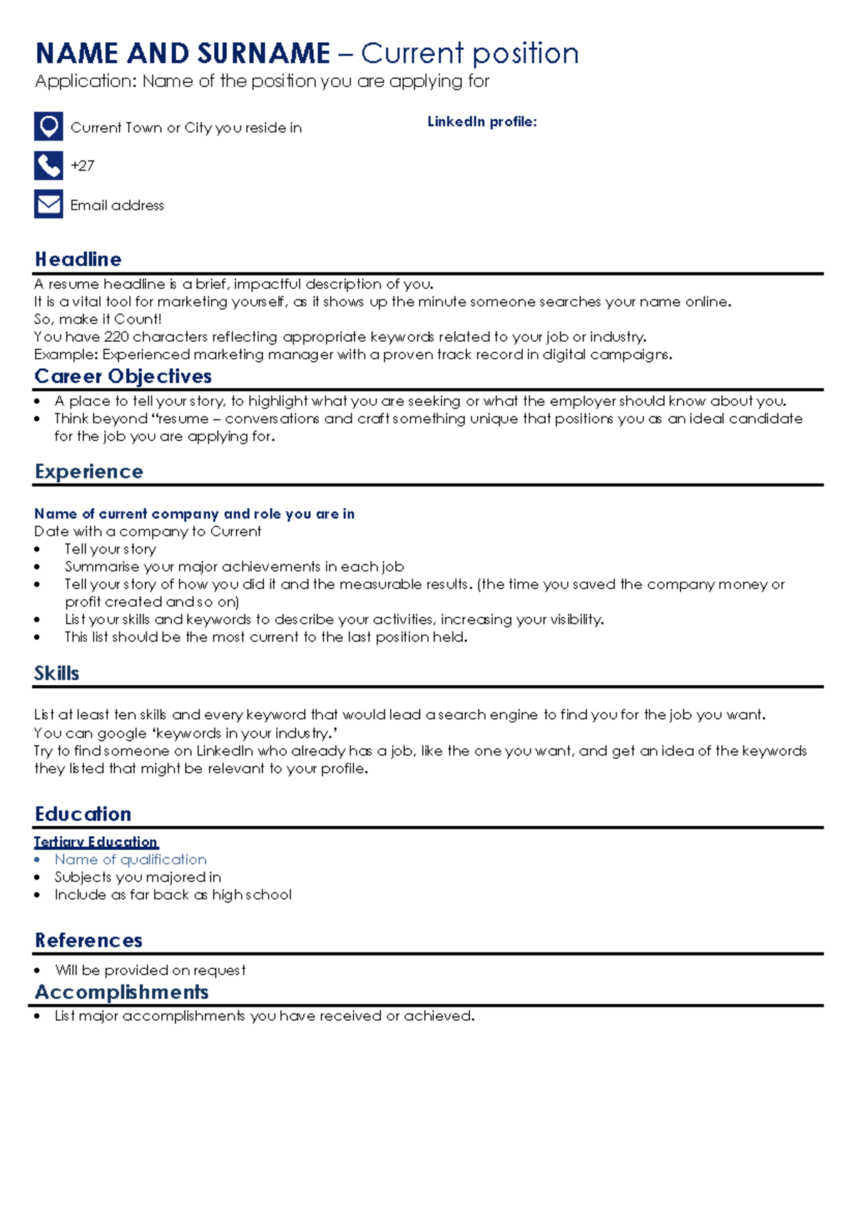 Career Hub - Resume example - . NAME AND SURNAME – Current position ...
