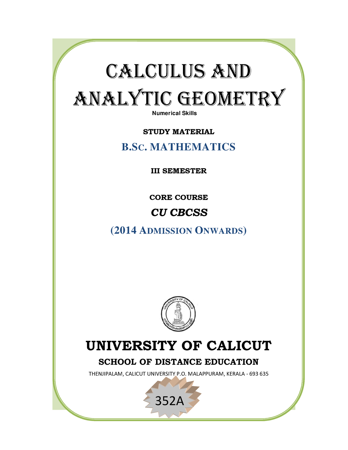 Third Sem BSc Mathematics Core Course Calculus And Analytic Geometry ...