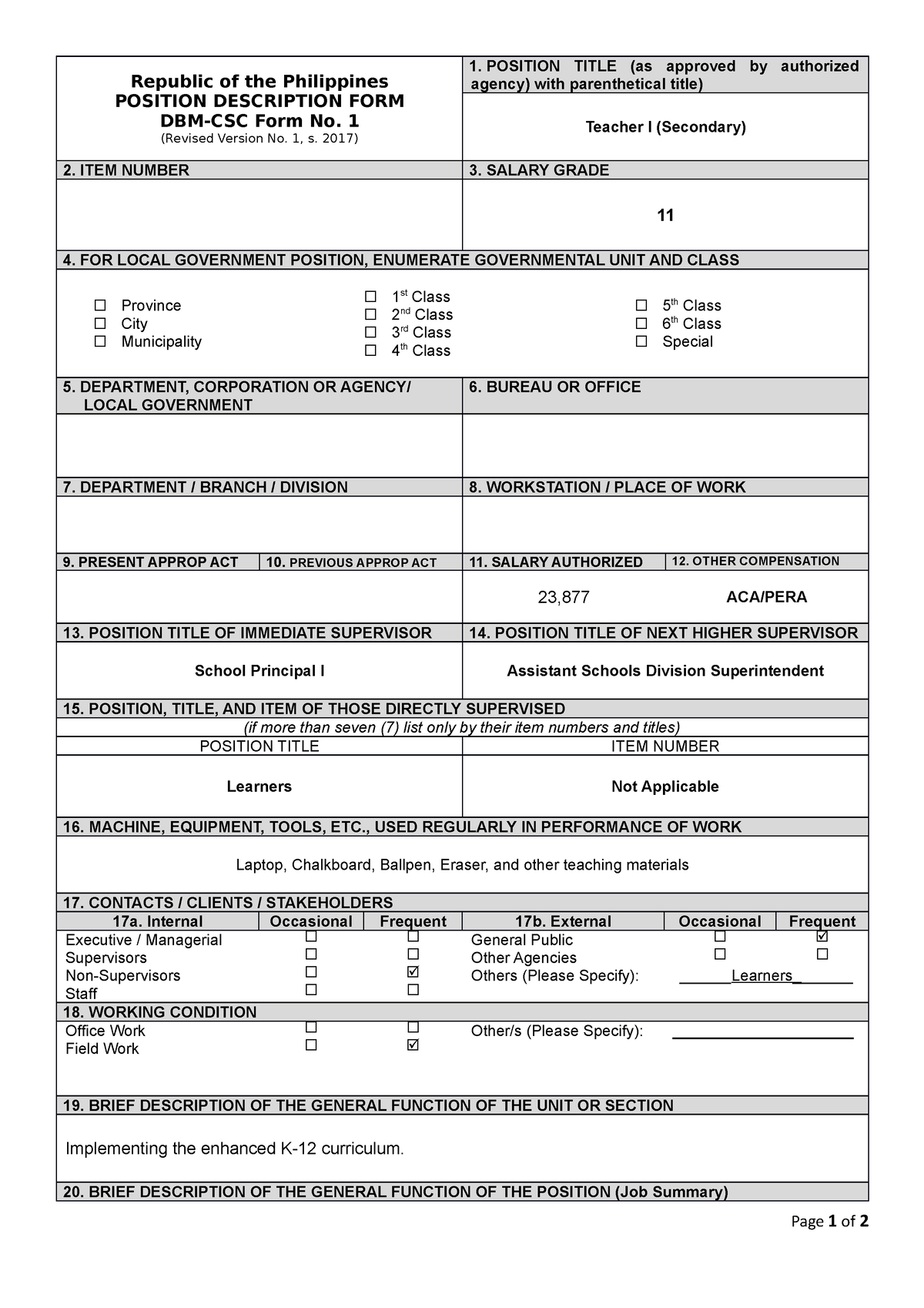 Position Description FORM Republic Of The Philippines POSITION 