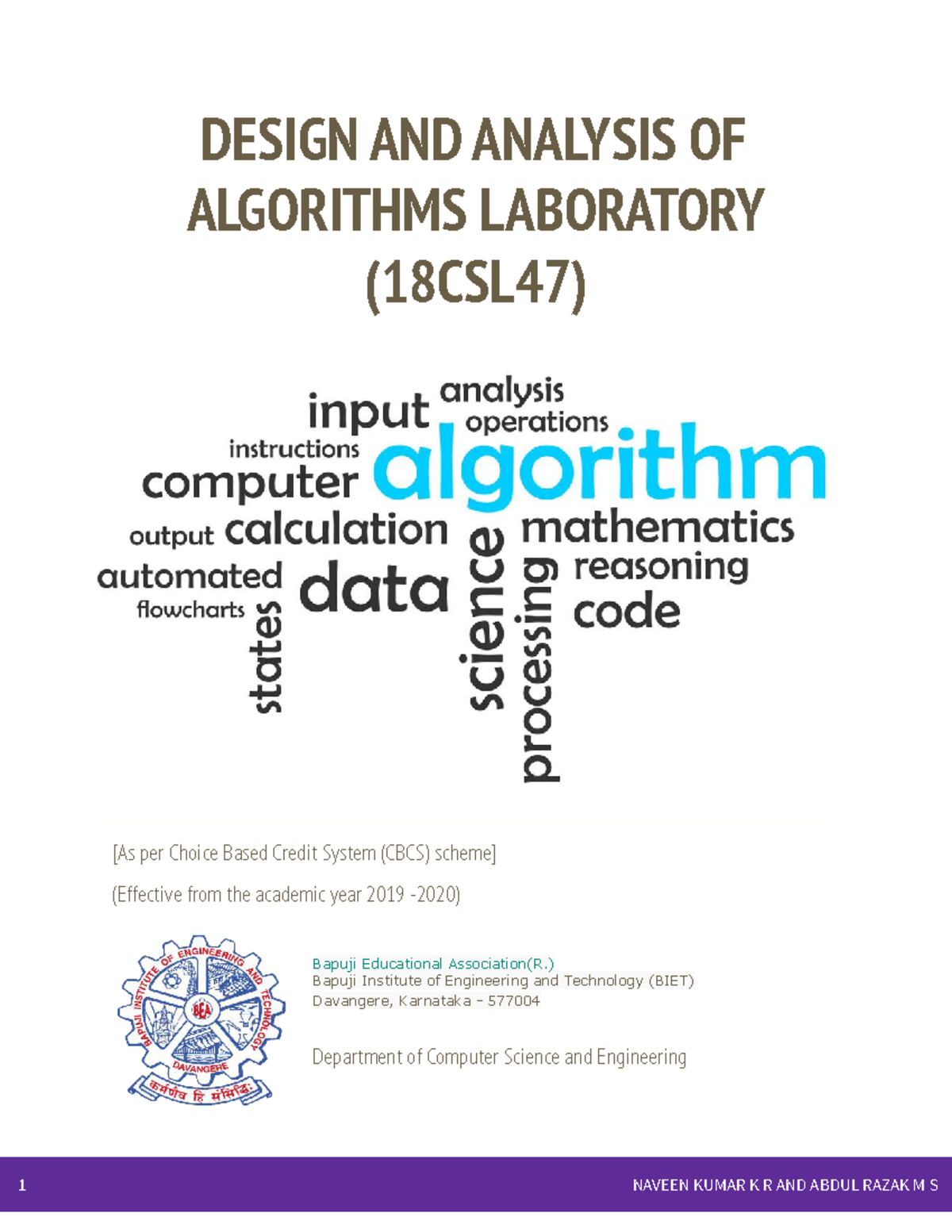 DAA LAB Manual 18CSL47 - DESIGN AND ANALYSIS OF ALGORITHMS LABORATORY ...