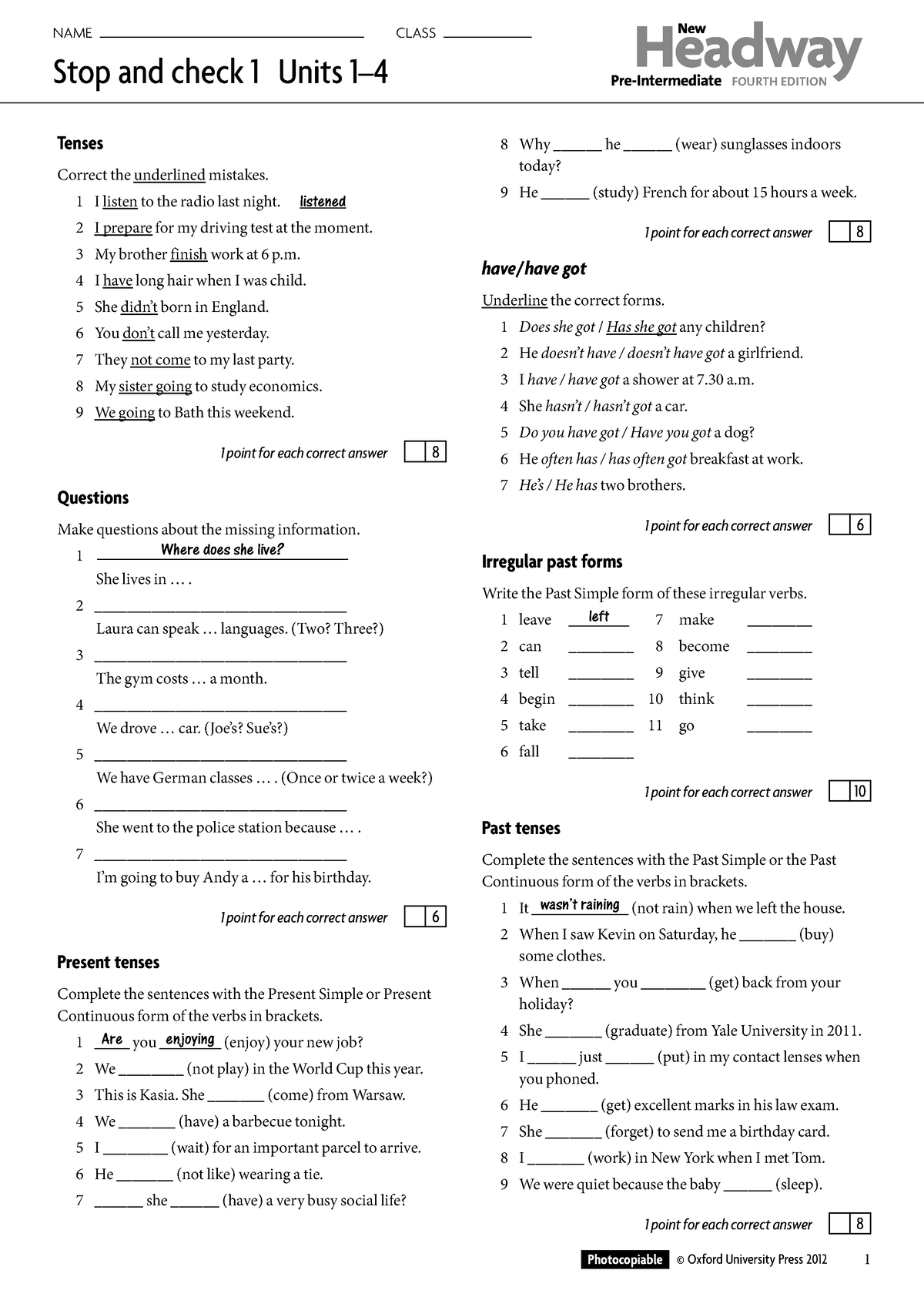 Hwy Pre Int Stopcheck 1 - Headway Pre-Intermediate Teacher's Guide ...