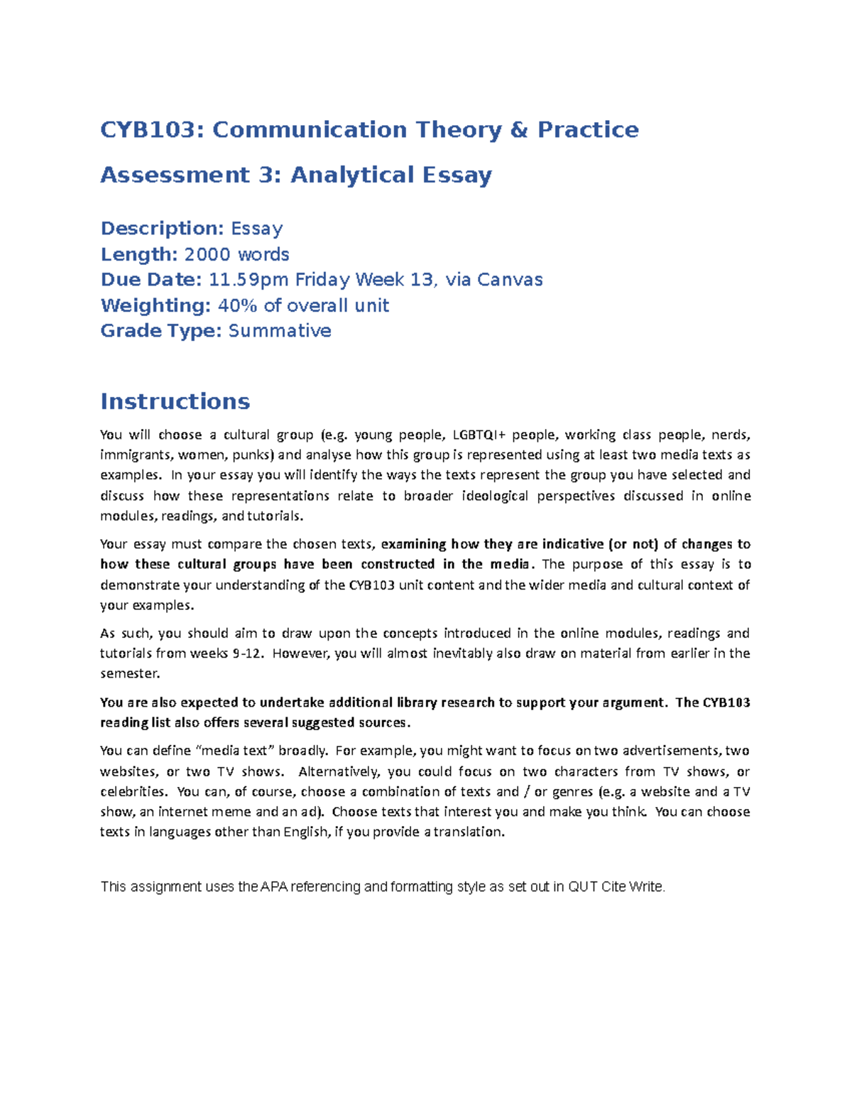 CYB103 A3 - A3 Information Sheet - CYB103: Communication Theory ...