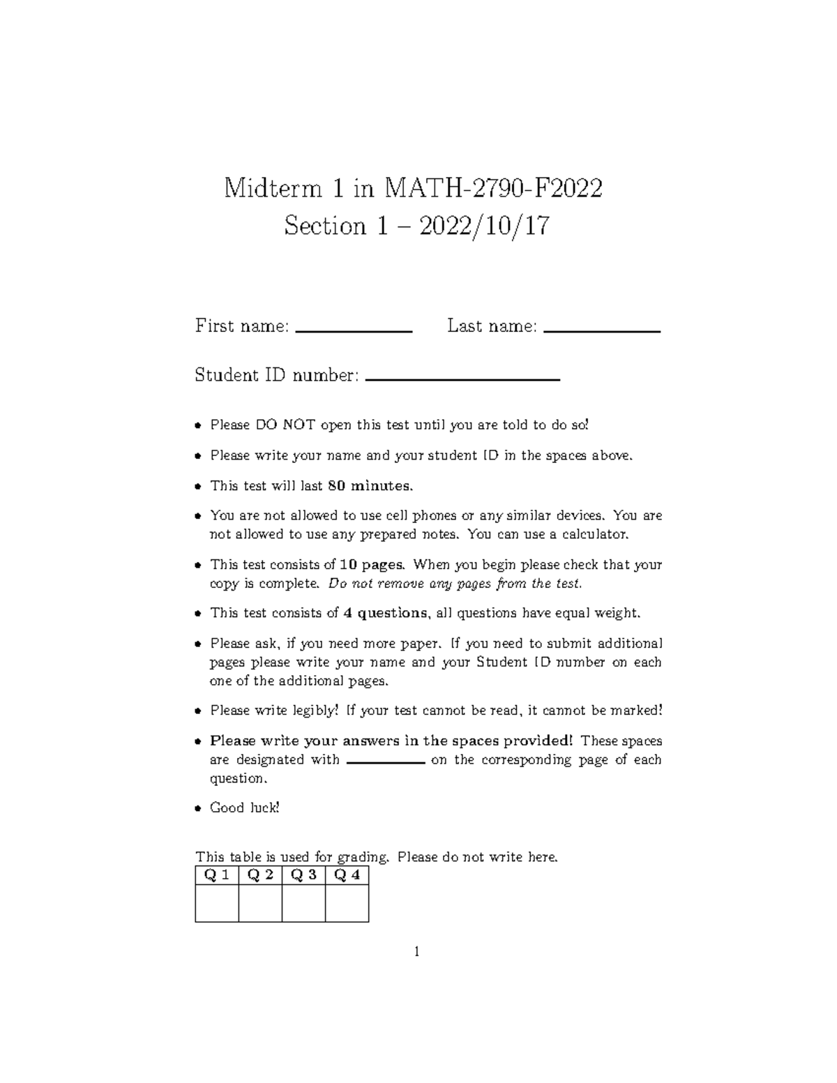 2022 10 17 DE Midterm 1 Solution - Midterm 1 In MATH-2790-F Section 1 ...