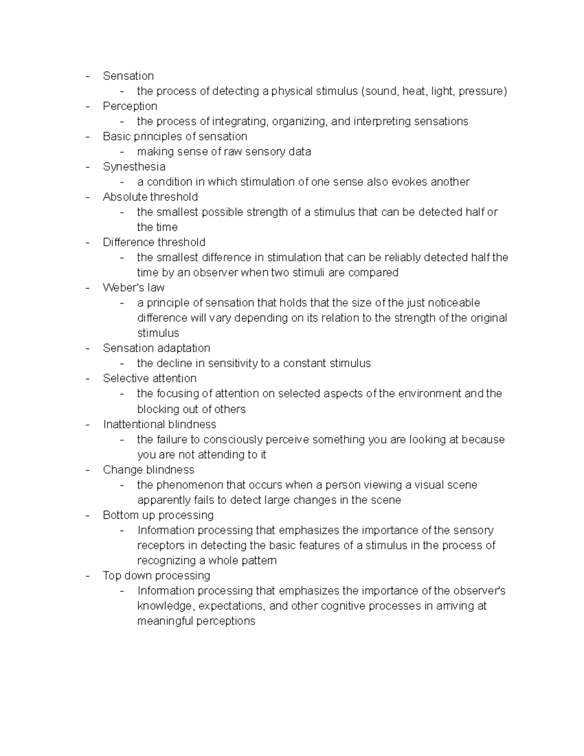 Psych 401- Chapter 3- Sensation and perception - Sensation the process ...